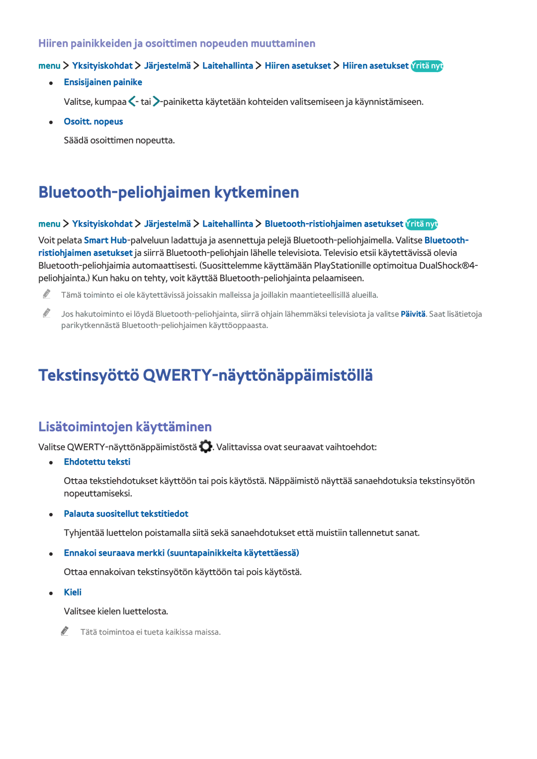 Samsung UE24LS001AUXXE, UE32LS001BUXXE manual Bluetooth-peliohjaimen kytkeminen, Tekstinsyöttö QWERTY-näyttönäppäimistöllä 