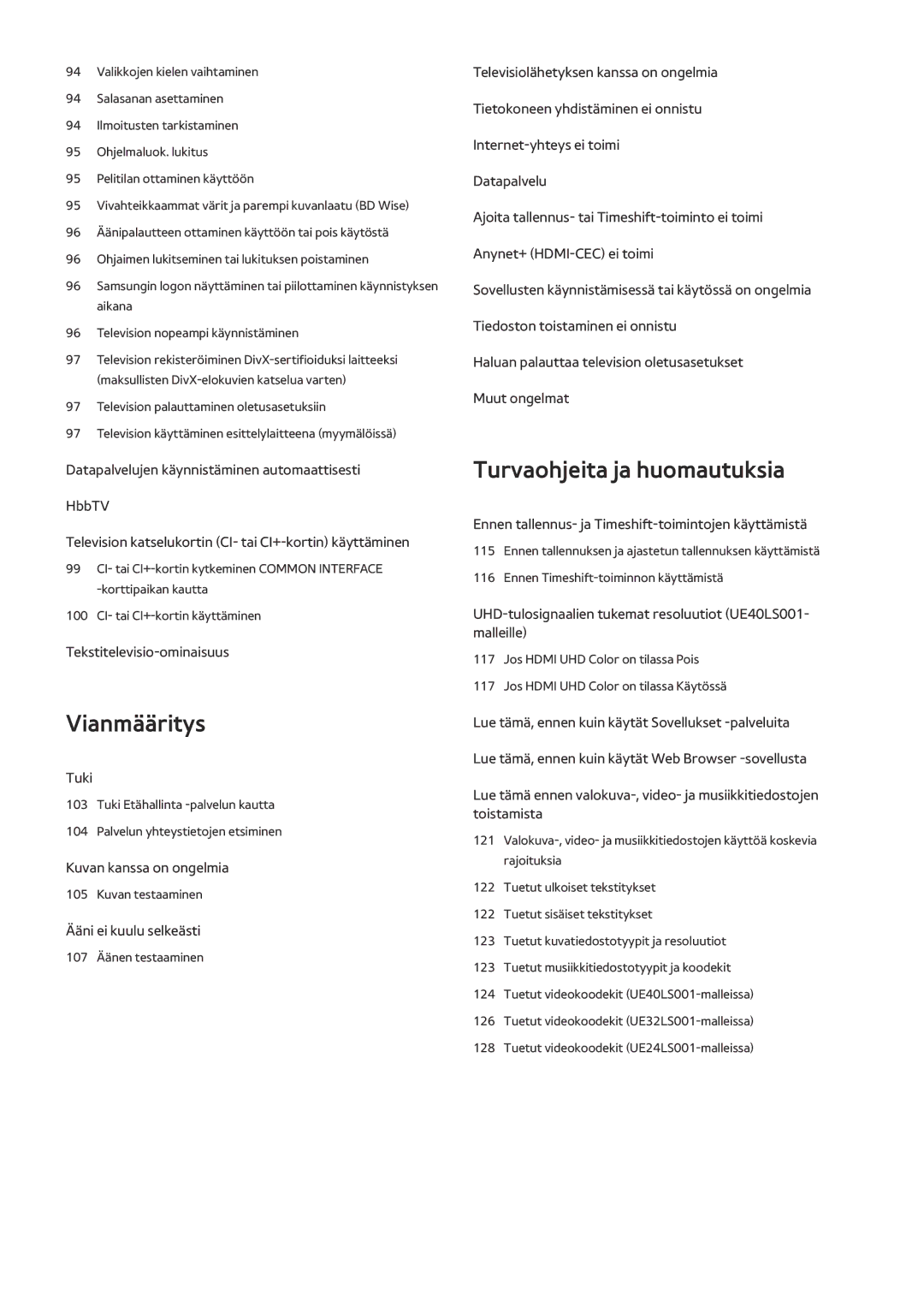 Samsung UE40LS001CUXXE, UE32LS001BUXXE, UE32LS001DUXXE, UE32LS001CUXXE, UE32LS001EUXXE, UE24LS001AUXXE manual Vianmääritys 