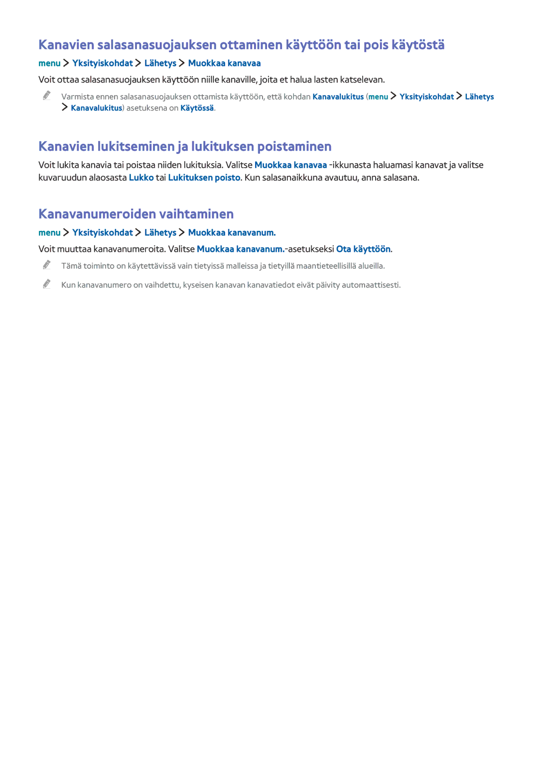 Samsung UE40LS001CUXXE, UE32LS001BUXXE manual Kanavien lukitseminen ja lukituksen poistaminen, Kanavanumeroiden vaihtaminen 