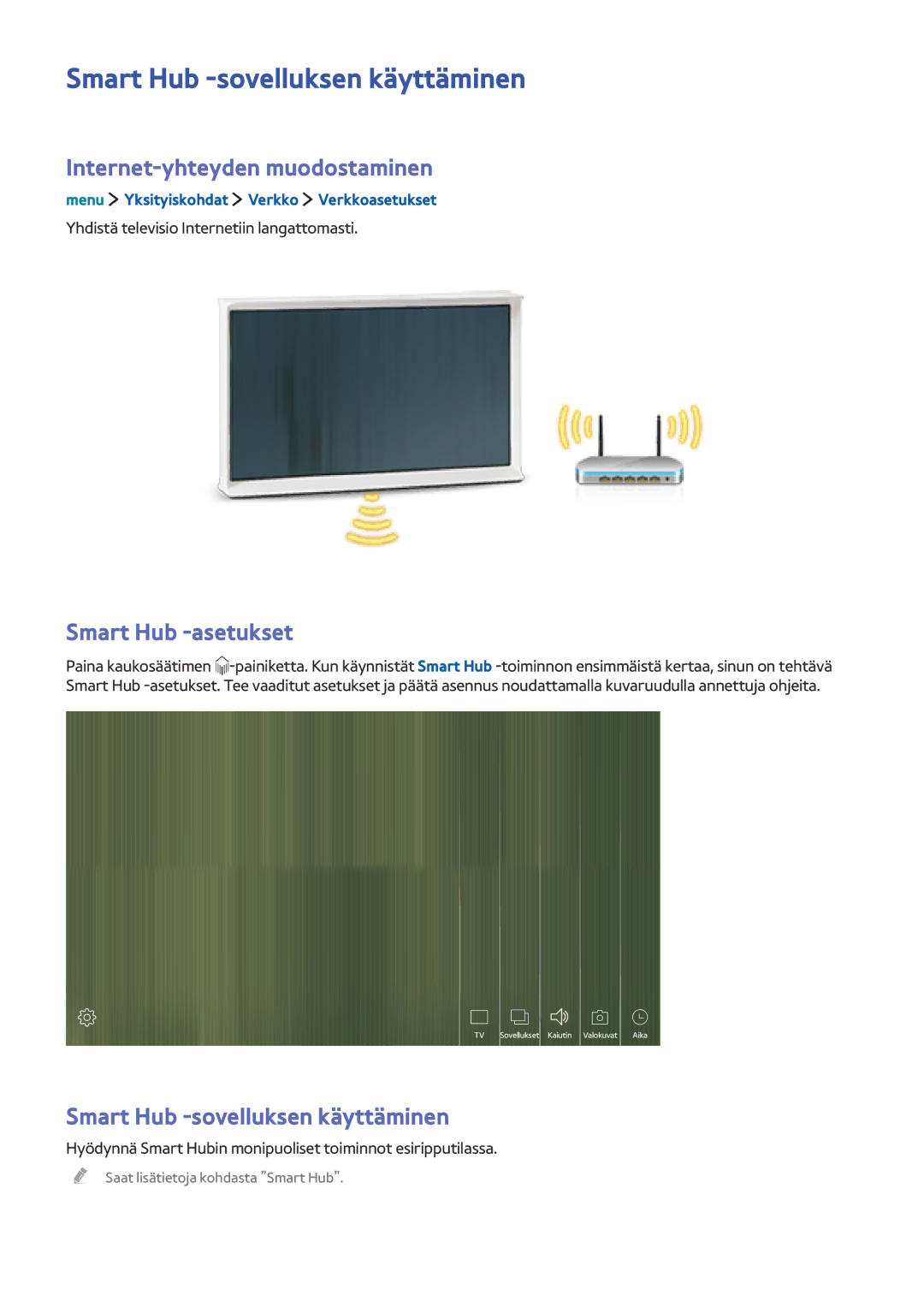 Samsung UE32LS001AUXXE manual Smart Hub -sovelluksen käyttäminen, Internet-yhteyden muodostaminen, Smart Hub -asetukset 