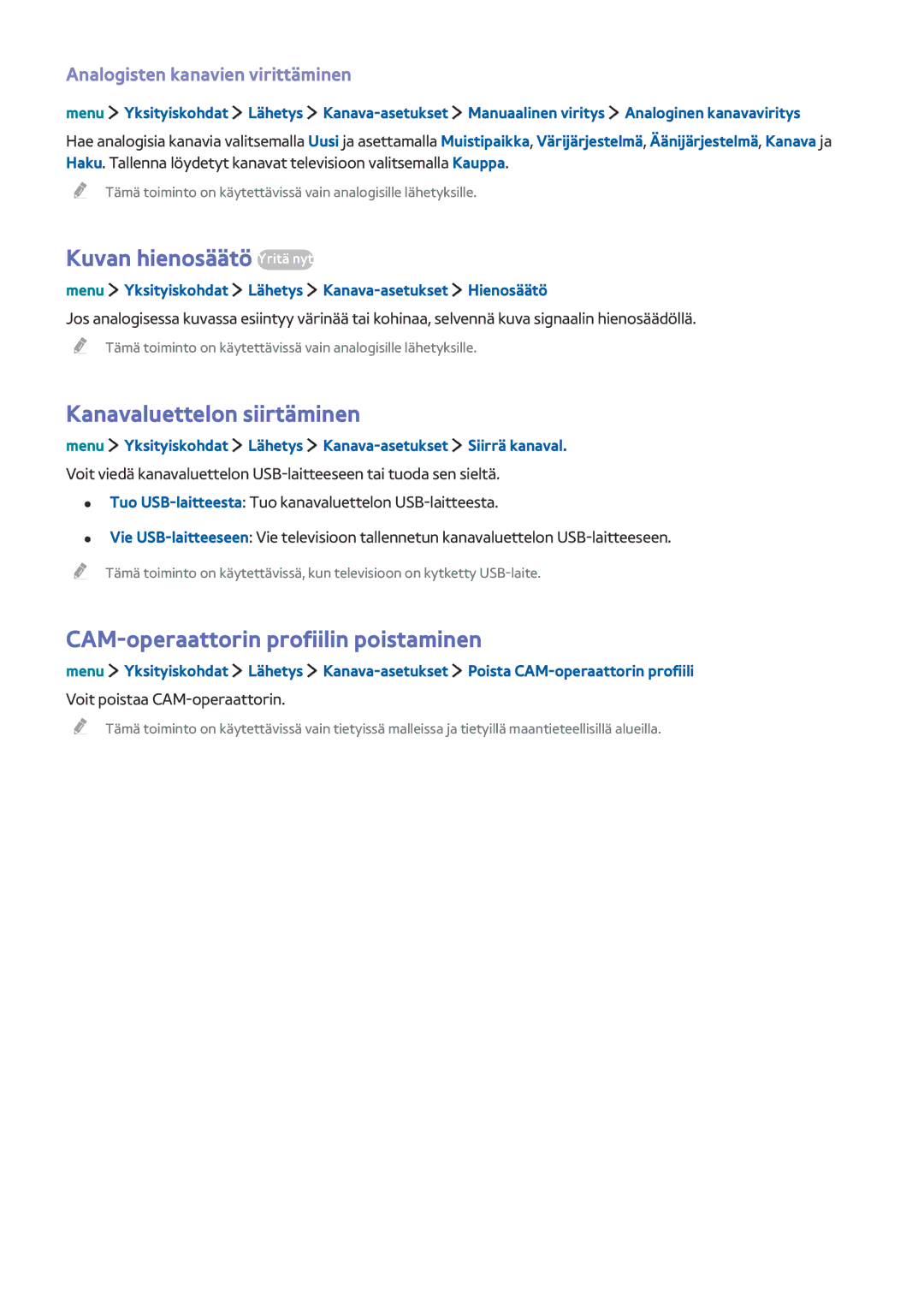 Samsung UE32LS001EUXXE Kuvan hienosäätö Yritä nyt, Kanavaluettelon siirtäminen, CAM-operaattorin profiilin poistaminen 