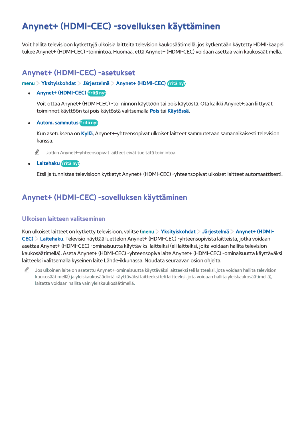 Samsung UE24LS001AUXXE, UE32LS001BUXXE manual Anynet+ HDMI-CEC -sovelluksen käyttäminen, Anynet+ HDMI-CEC -asetukset 