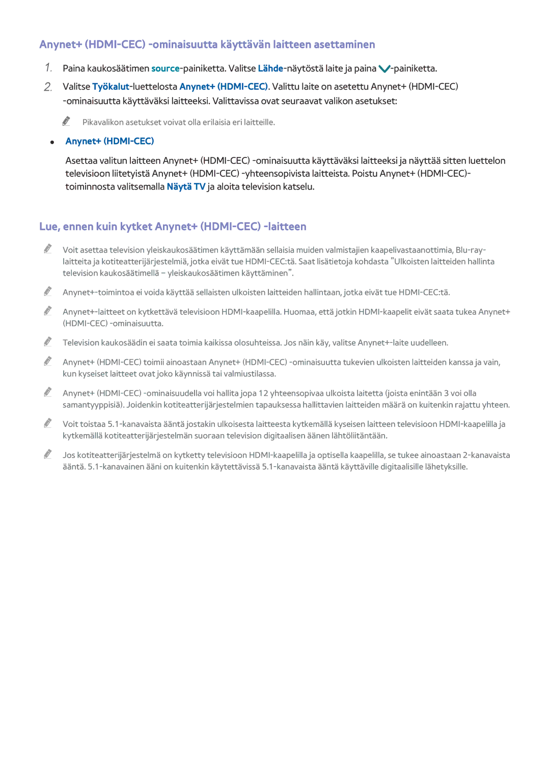 Samsung UE40LS001CUXXE, UE32LS001BUXXE, UE32LS001DUXXE, UE32LS001CUXXE Lue, ennen kuin kytket Anynet+ HDMI-CEC -laitteen 