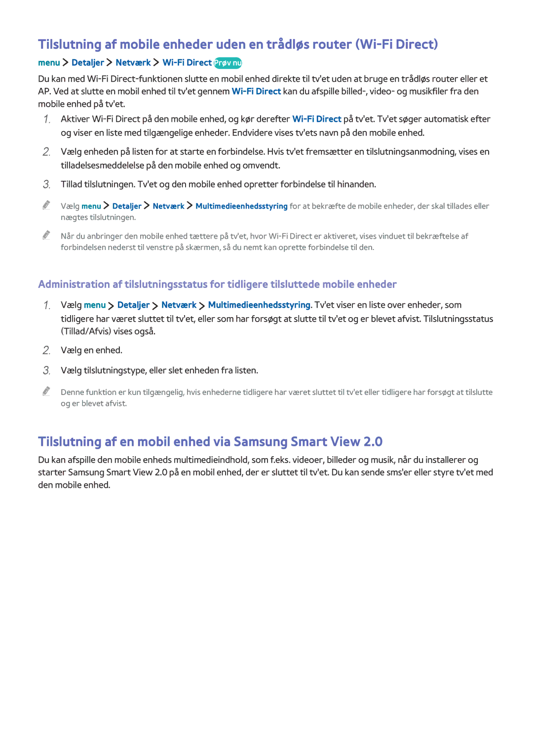 Samsung UE32LS001DUXXE Tilslutning af en mobil enhed via Samsung Smart View, Menu Detaljer Netværk Wi-Fi Direct Prøv nu 