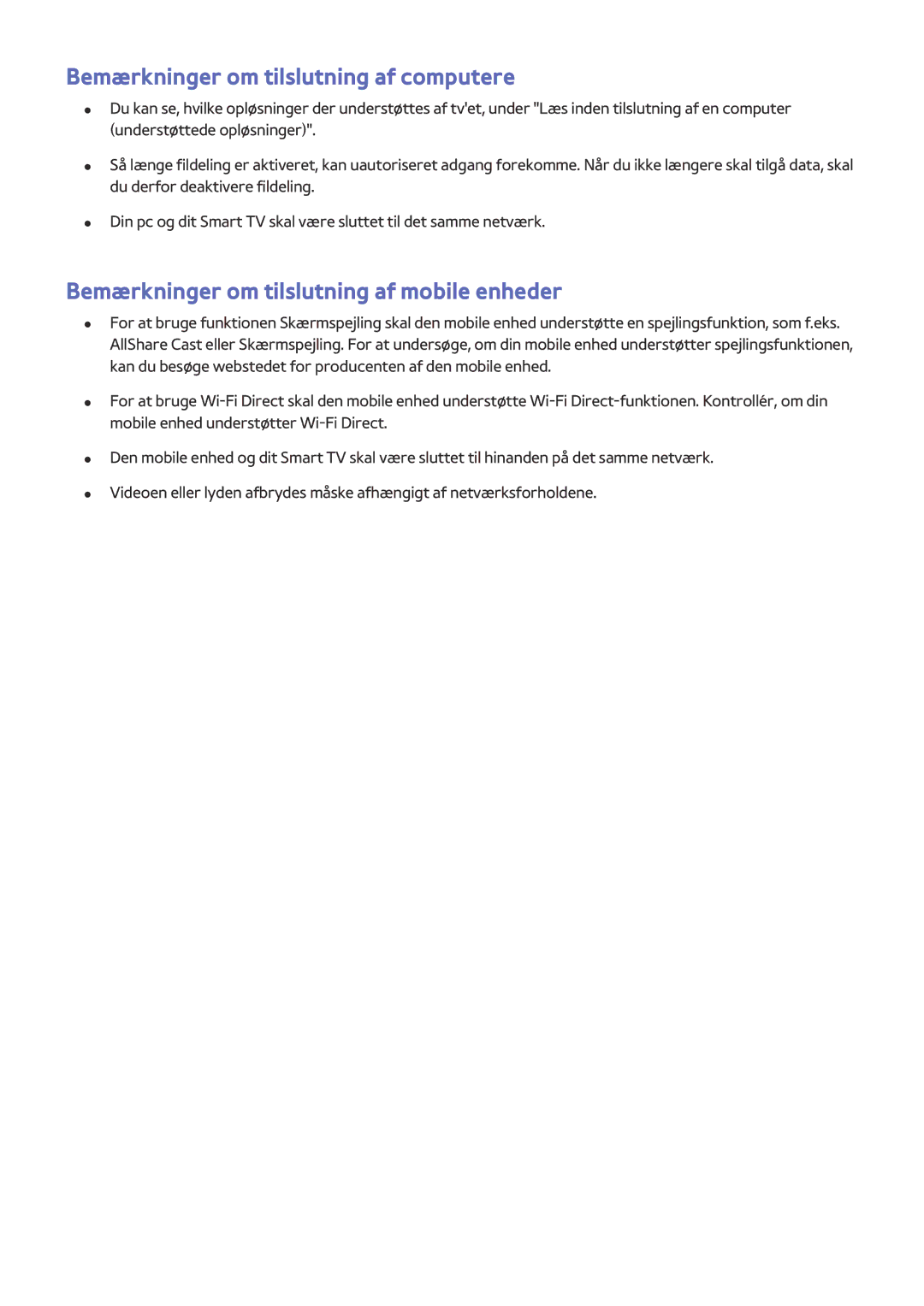 Samsung UE24LS001AUXXE manual Bemærkninger om tilslutning af computere, Bemærkninger om tilslutning af mobile enheder 