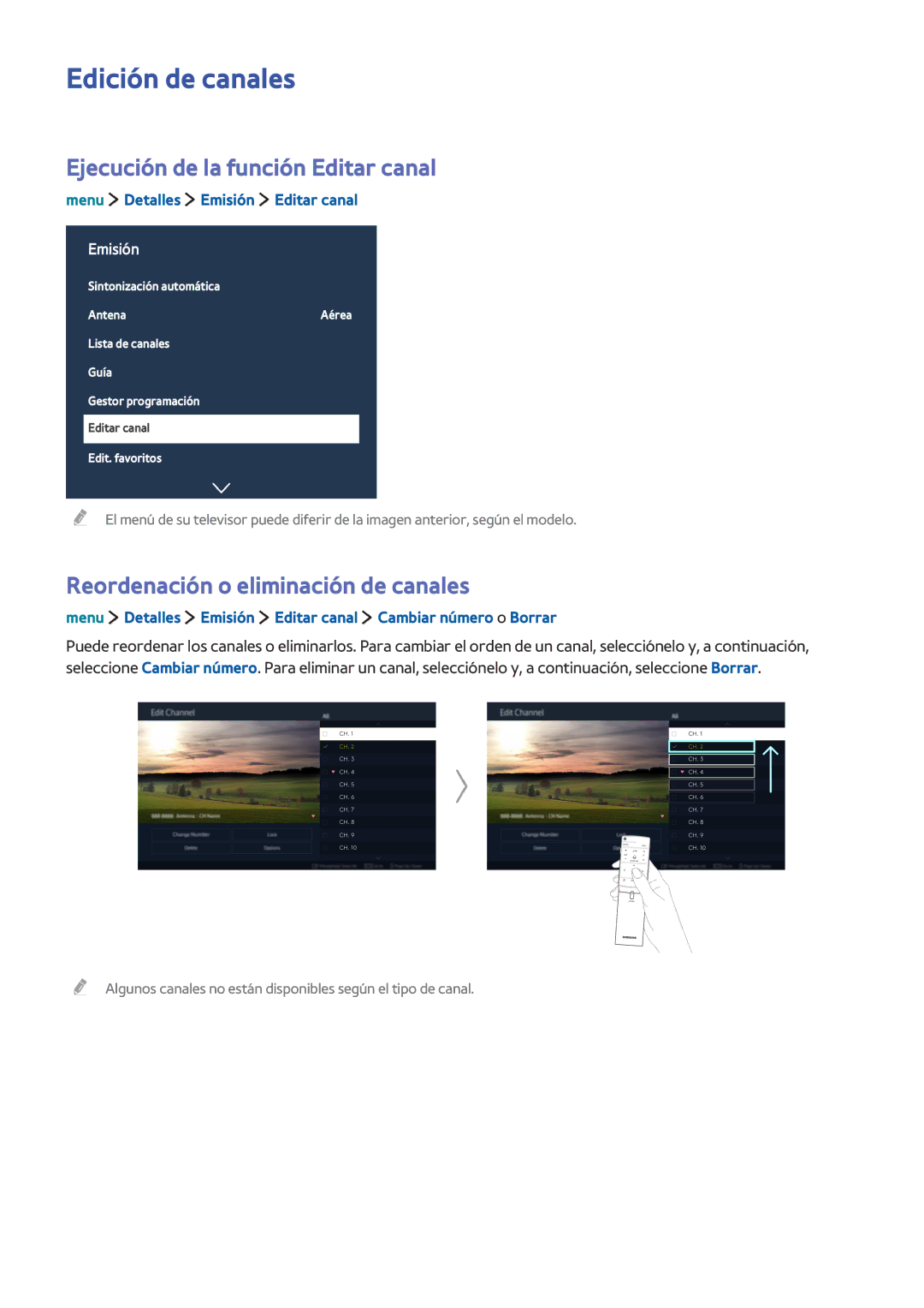 Samsung UE32LS001FUXXC Edición de canales, Ejecución de la función Editar canal, Reordenación o eliminación de canales 