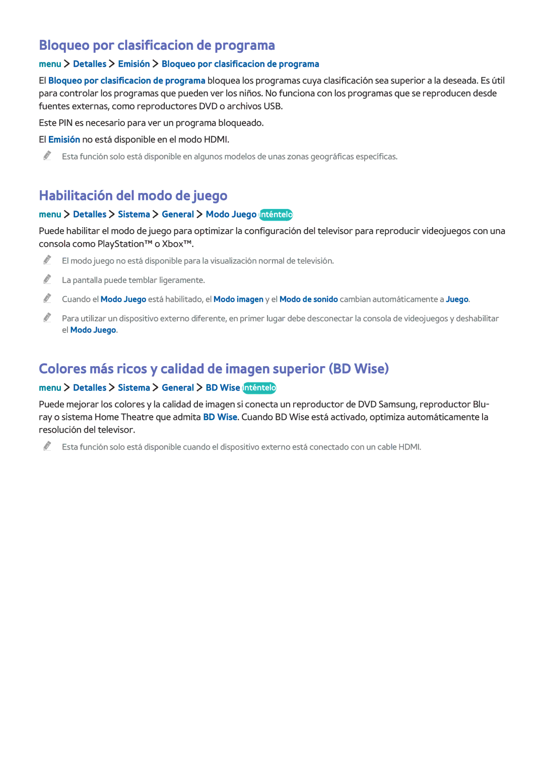 Samsung UE40LS001CUXXC, UE32LS001CUXXC manual Bloqueo por clasificacion de programa, Habilitación del modo de juego 