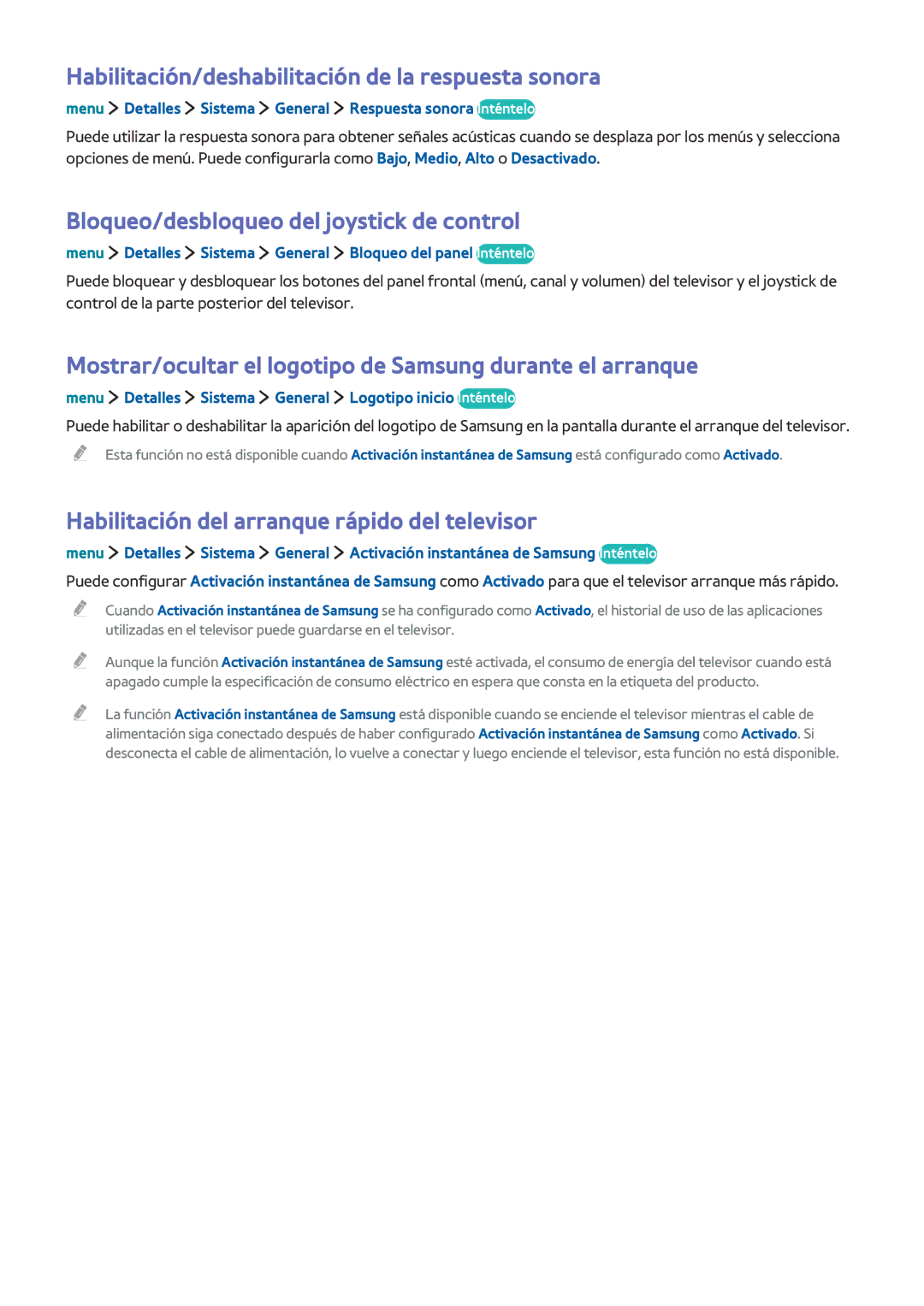 Samsung UE40LS001AUXXC Habilitación/deshabilitación de la respuesta sonora, Bloqueo/desbloqueo del joystick de control 