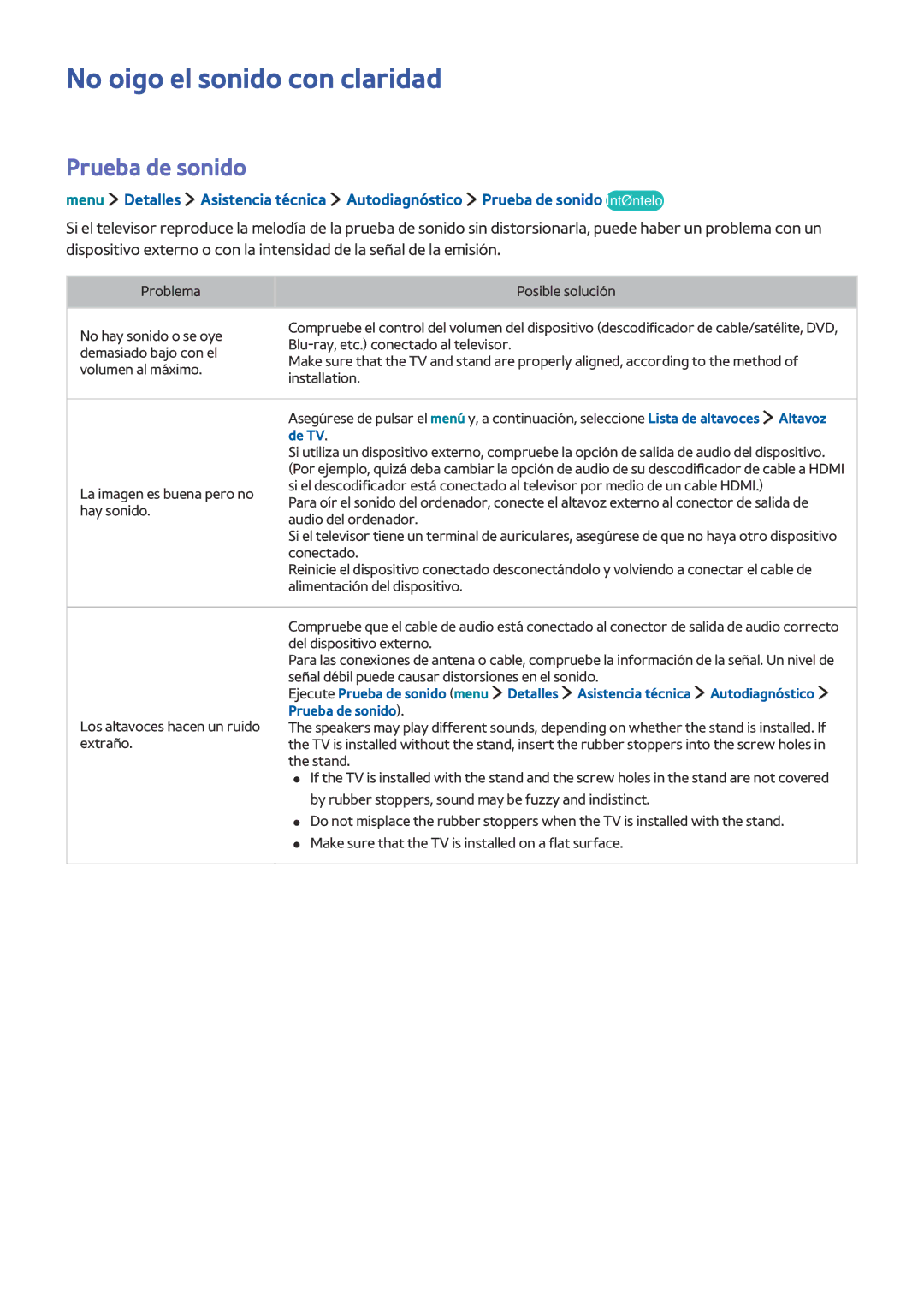 Samsung UE32LS001AUXXC, UE32LS001CUXXC, UE32LS001FUXXC manual No oigo el sonido con claridad, Prueba de sonido, De TV 