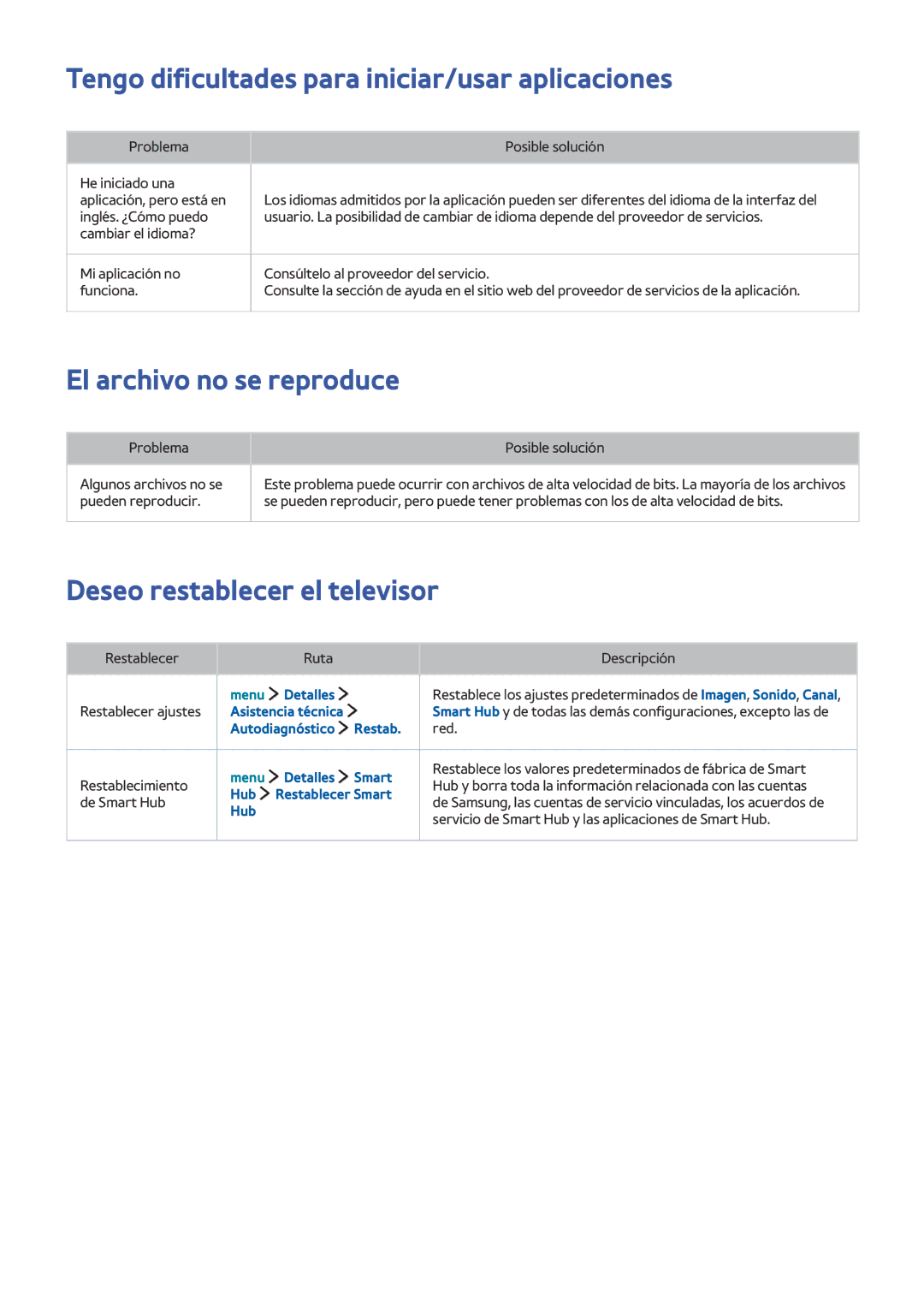 Samsung UE40LS001AUXXC, UE32LS001CUXXC manual Tengo dificultades para iniciar/usar aplicaciones, El archivo no se reproduce 