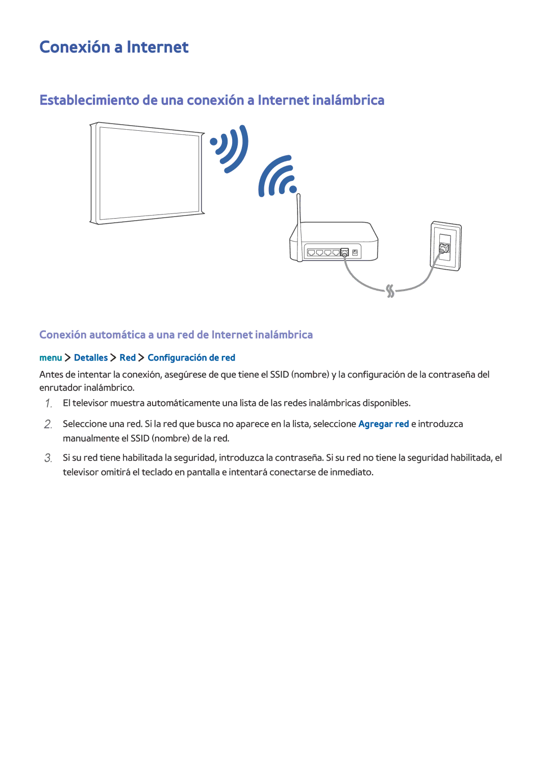 Samsung UE32LS001DUXXC, UE32LS001CUXXC manual Conexión a Internet, Establecimiento de una conexión a Internet inalámbrica 