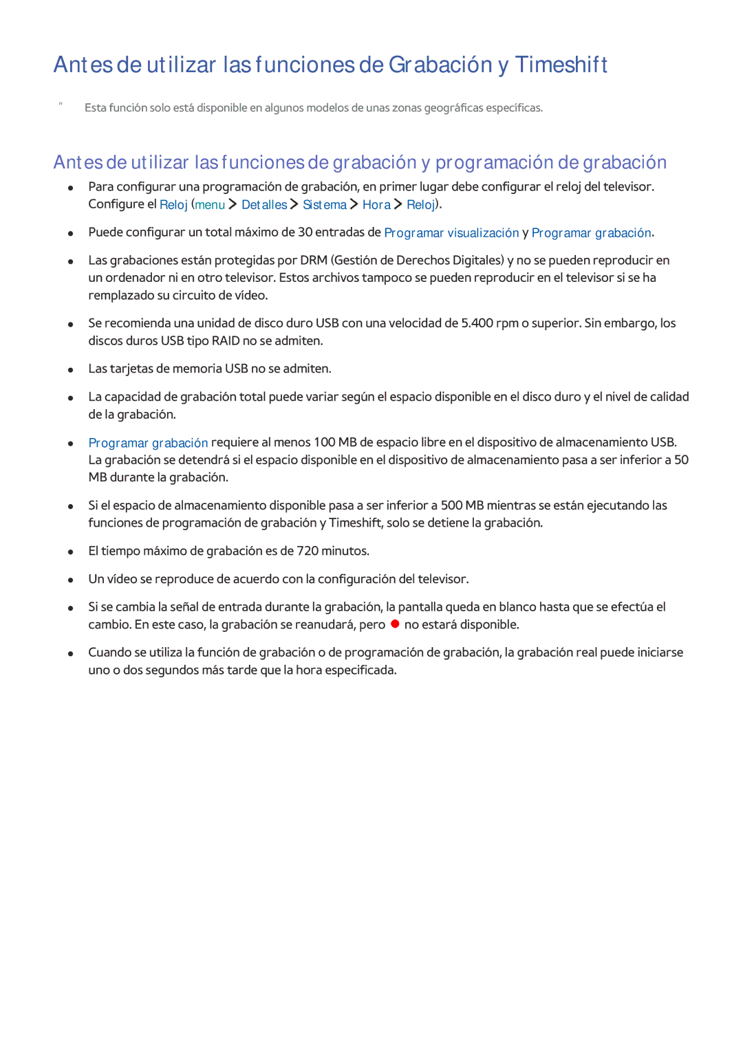 Samsung UE32LS001AUXXC, UE32LS001CUXXC, UE32LS001FUXXC manual Antes de utilizar las funciones de Grabación y Timeshift 