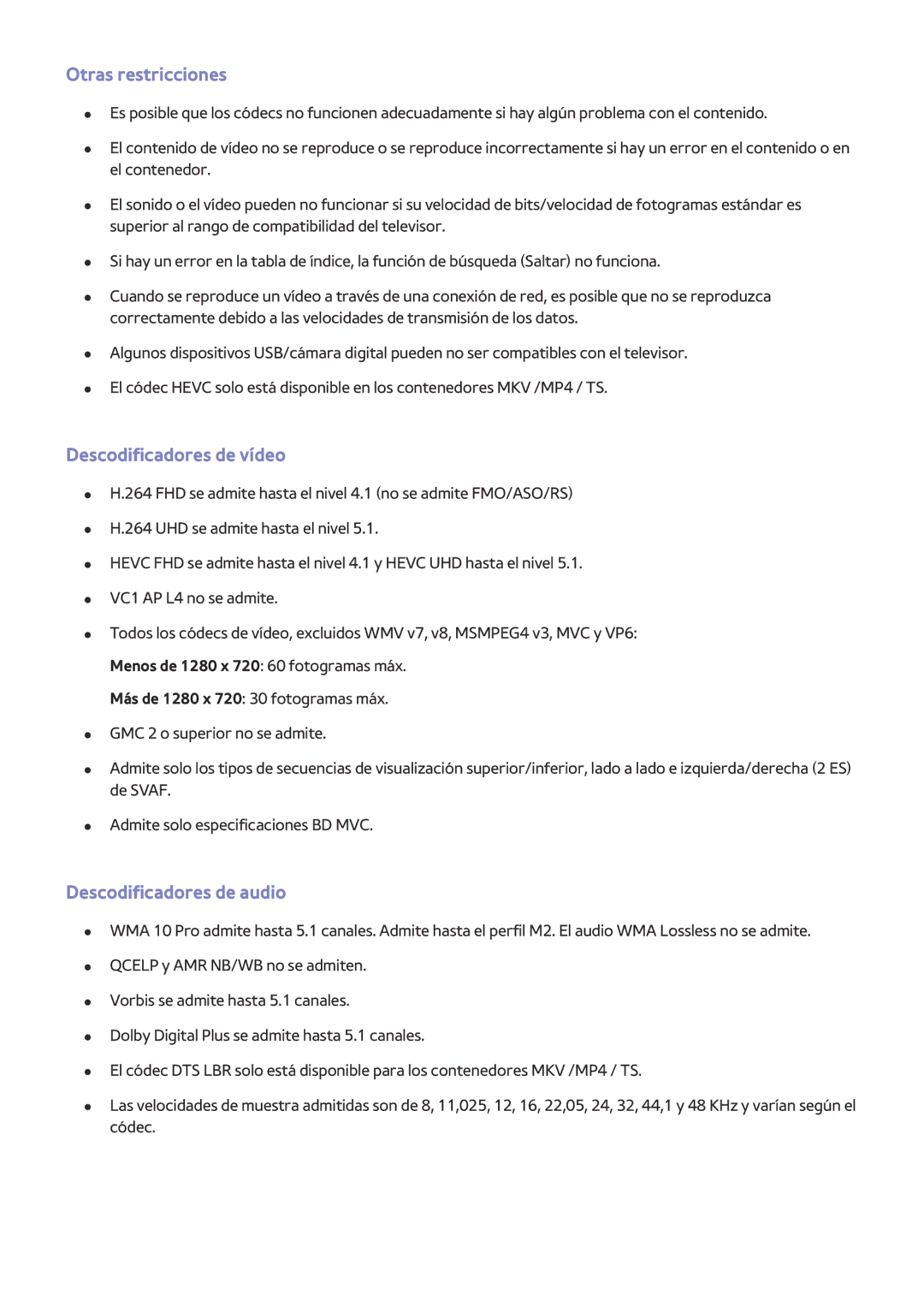 Samsung UE24LS001AUXXC, UE32LS001CUXXC manual Otras restricciones, Descodificadores de vídeo, Descodificadores de audio 