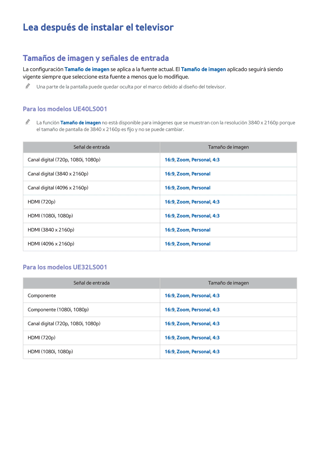 Samsung UE32LS001AUXXC Lea después de instalar el televisor, Tamaños de imagen y señales de entrada, 169, Zoom, Personal 