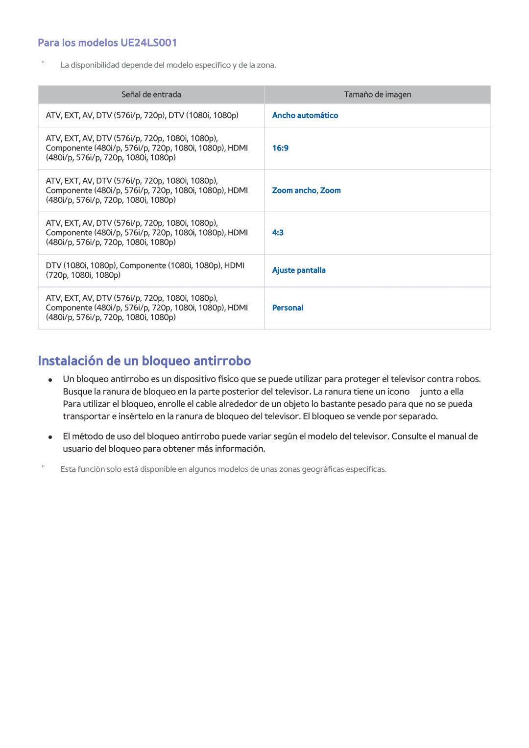 Samsung UE32LS001FUXXC, UE32LS001CUXXC, UE32LS001AUXXC manual Instalación de un bloqueo antirrobo, Para los modelos UE24LS001 