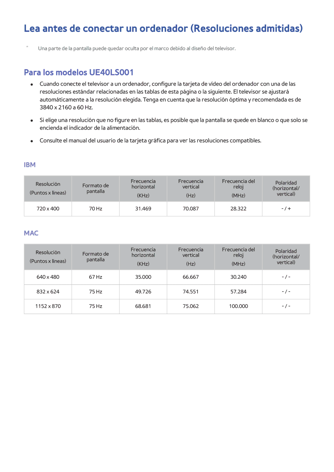 Samsung UE32LS001DUXXC manual Lea antes de conectar un ordenador Resoluciones admitidas, Para los modelos UE40LS001 