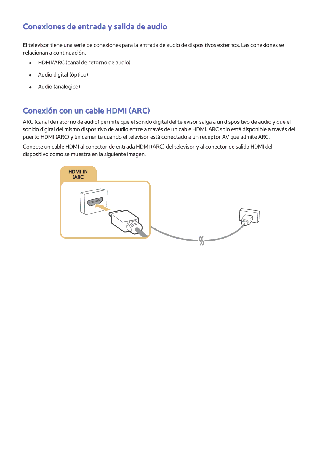 Samsung UE32LS001CUXXC, UE32LS001AUXXC manual Conexiones de entrada y salida de audio, Conexión con un cable Hdmi ARC 