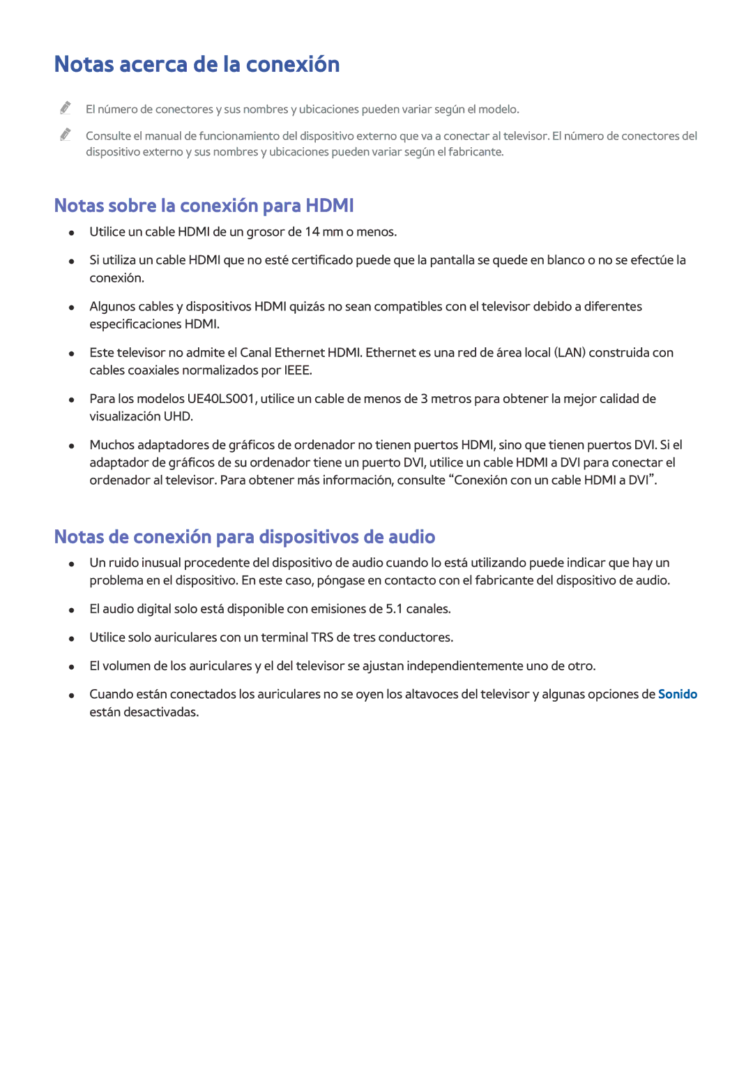 Samsung UE24LS001BUXXC, UE32LS001CUXXC, UE32LS001AUXXC manual Notas acerca de la conexión, Notas sobre la conexión para Hdmi 