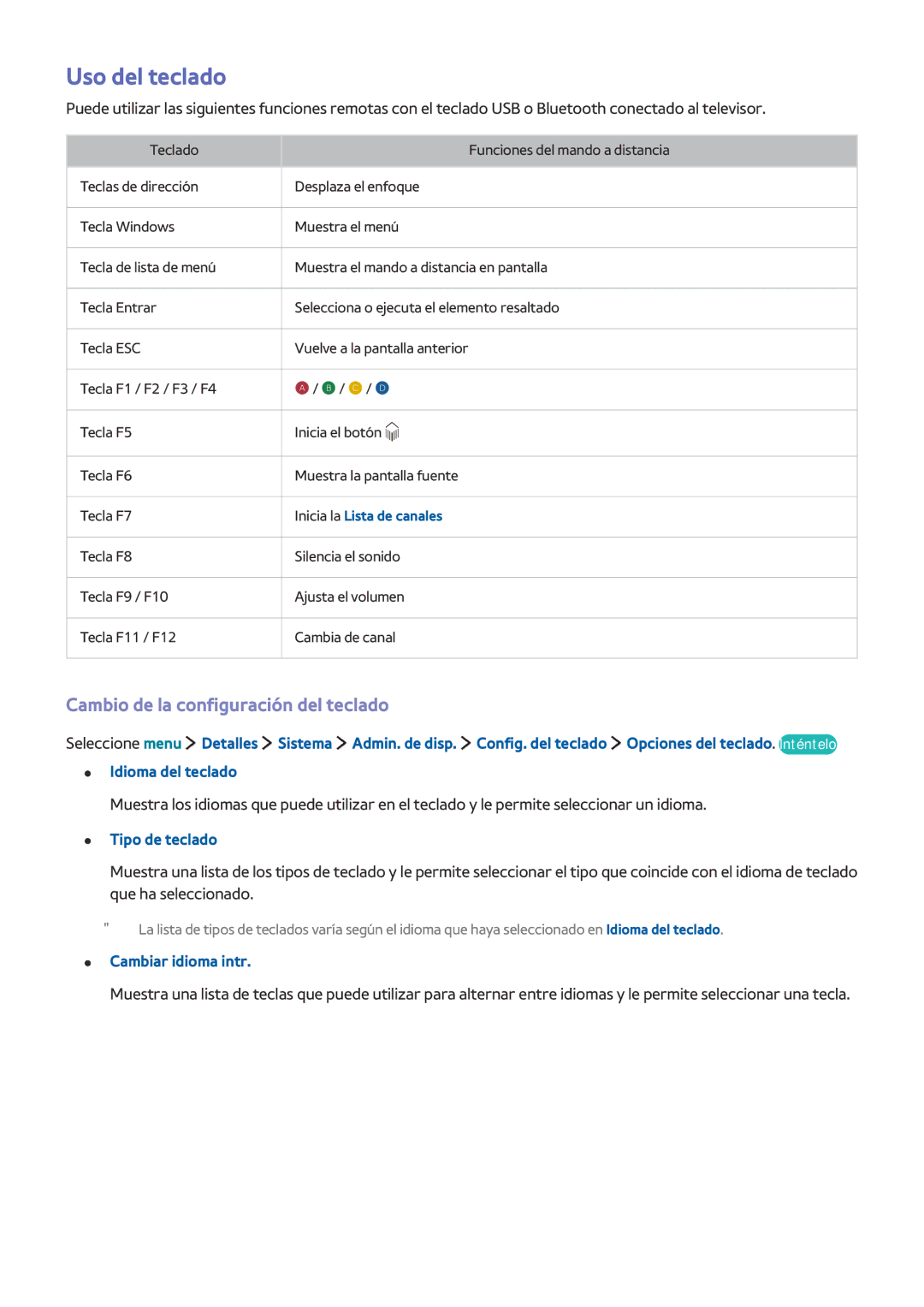 Samsung UE32LS001CUXXC manual Uso del teclado, Cambio de la configuración del teclado, Tipo de teclado, Cambiar idioma intr 