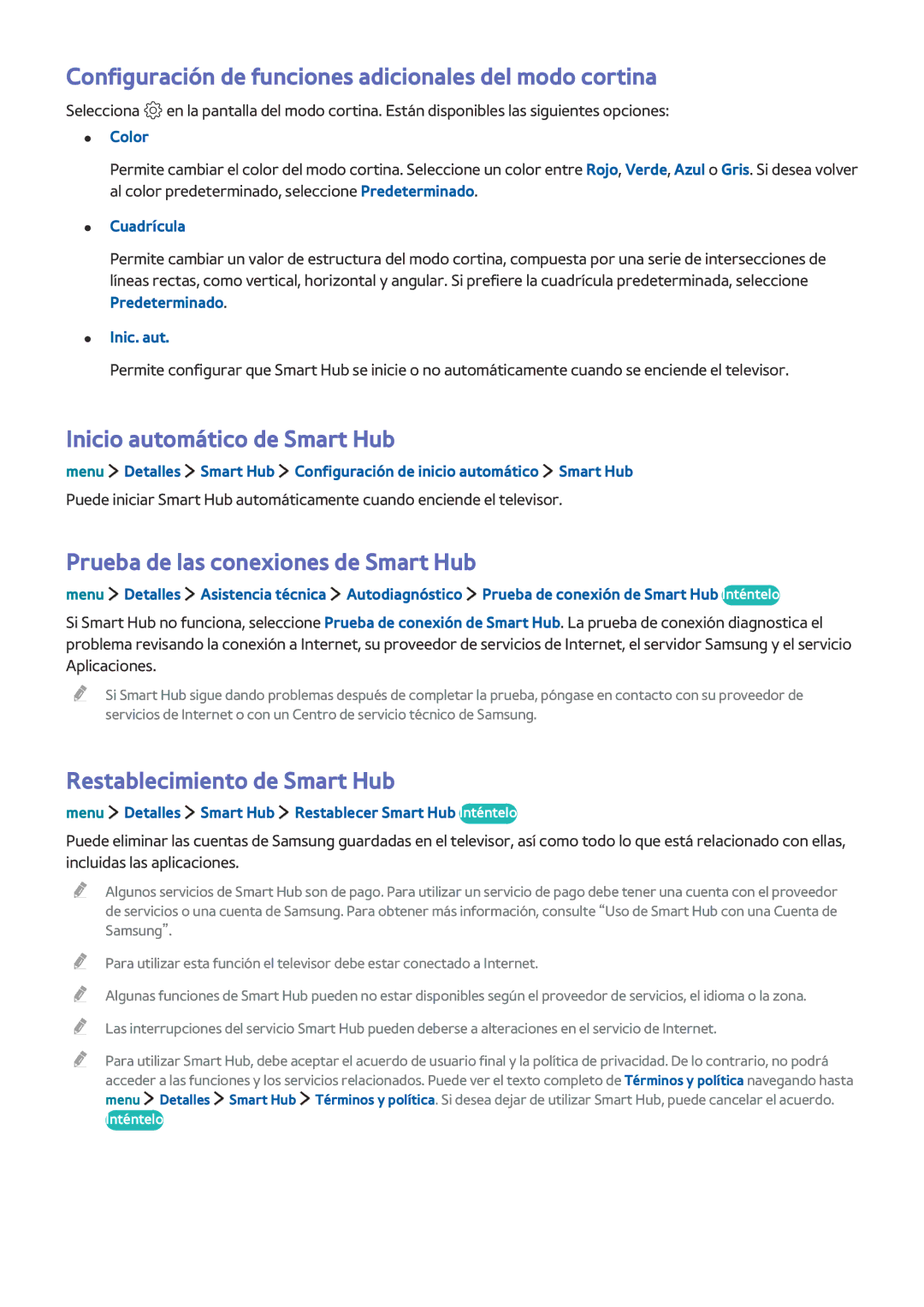 Samsung UE32LS001DUXXC manual Configuración de funciones adicionales del modo cortina, Inicio automático de Smart Hub 