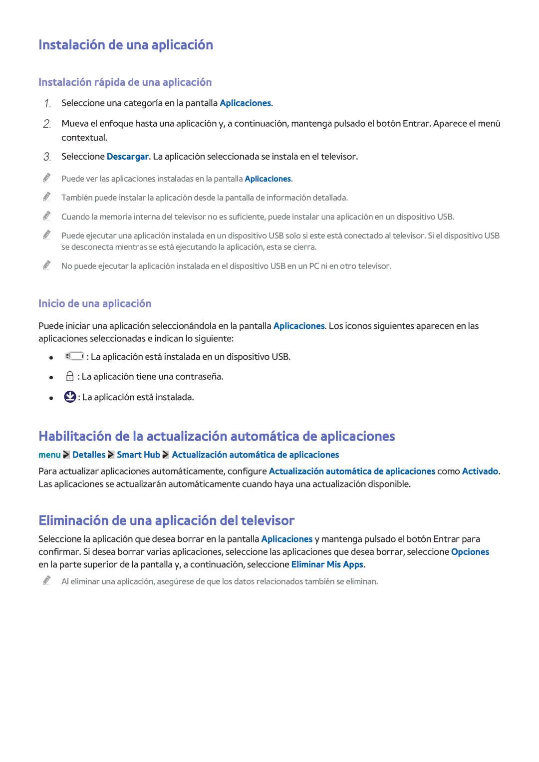 Samsung UE32LS001AUXXC manual Instalación de una aplicación, Habilitación de la actualización automática de aplicaciones 