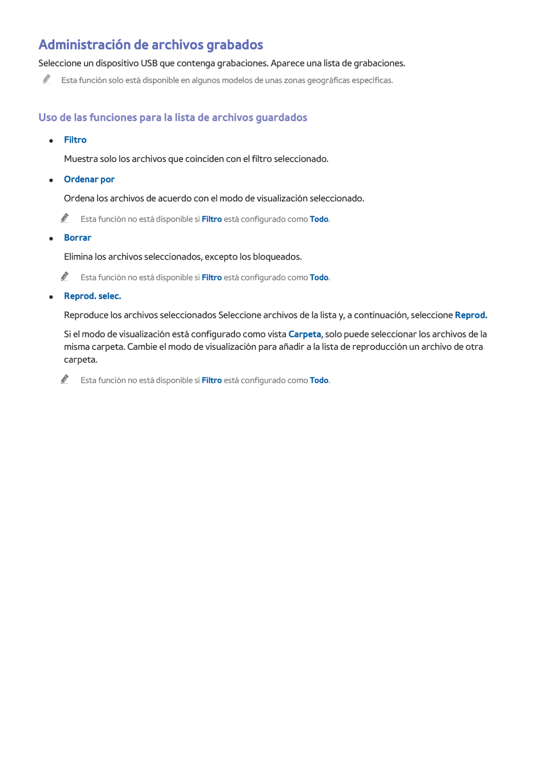 Samsung UE32LS001FUXXC manual Administración de archivos grabados, Uso de las funciones para la lista de archivos guardados 