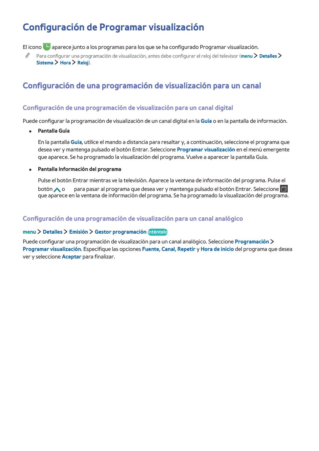 Samsung UE24LS001AUXXC manual Configuración de Programar visualización, Menu Detalles Emisión Gestor programación Inténtelo 