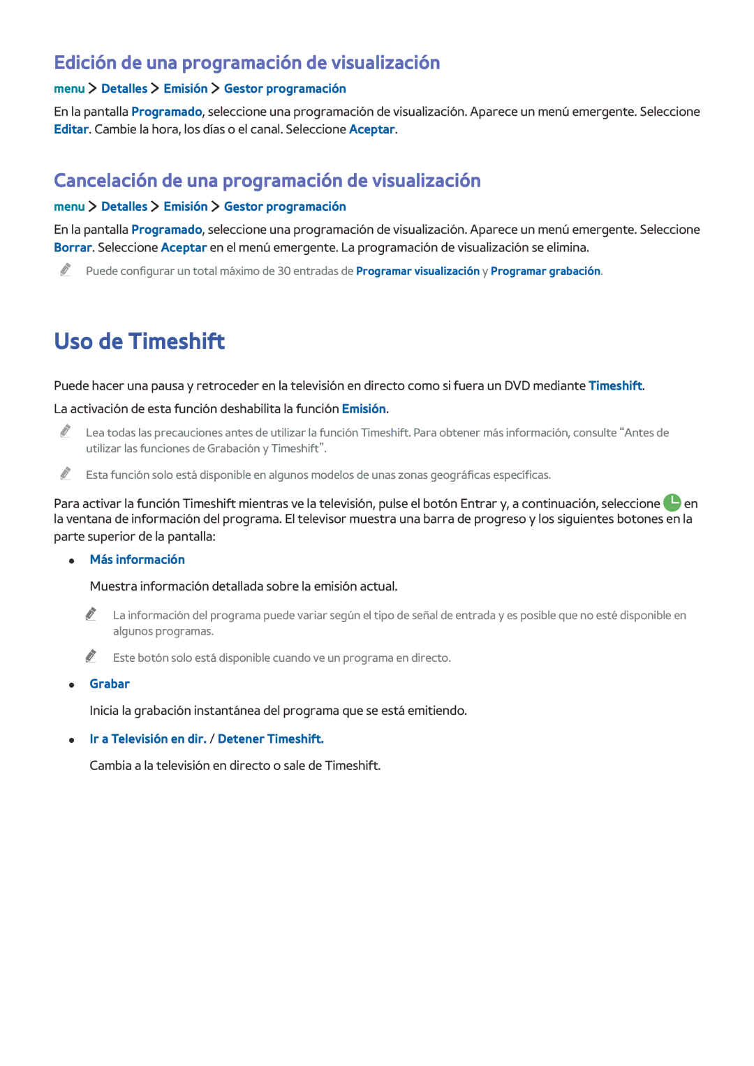 Samsung UE32LS001DUXXC, UE32LS001CUXXC manual Uso de Timeshift, Edición de una programación de visualización, Grabar 