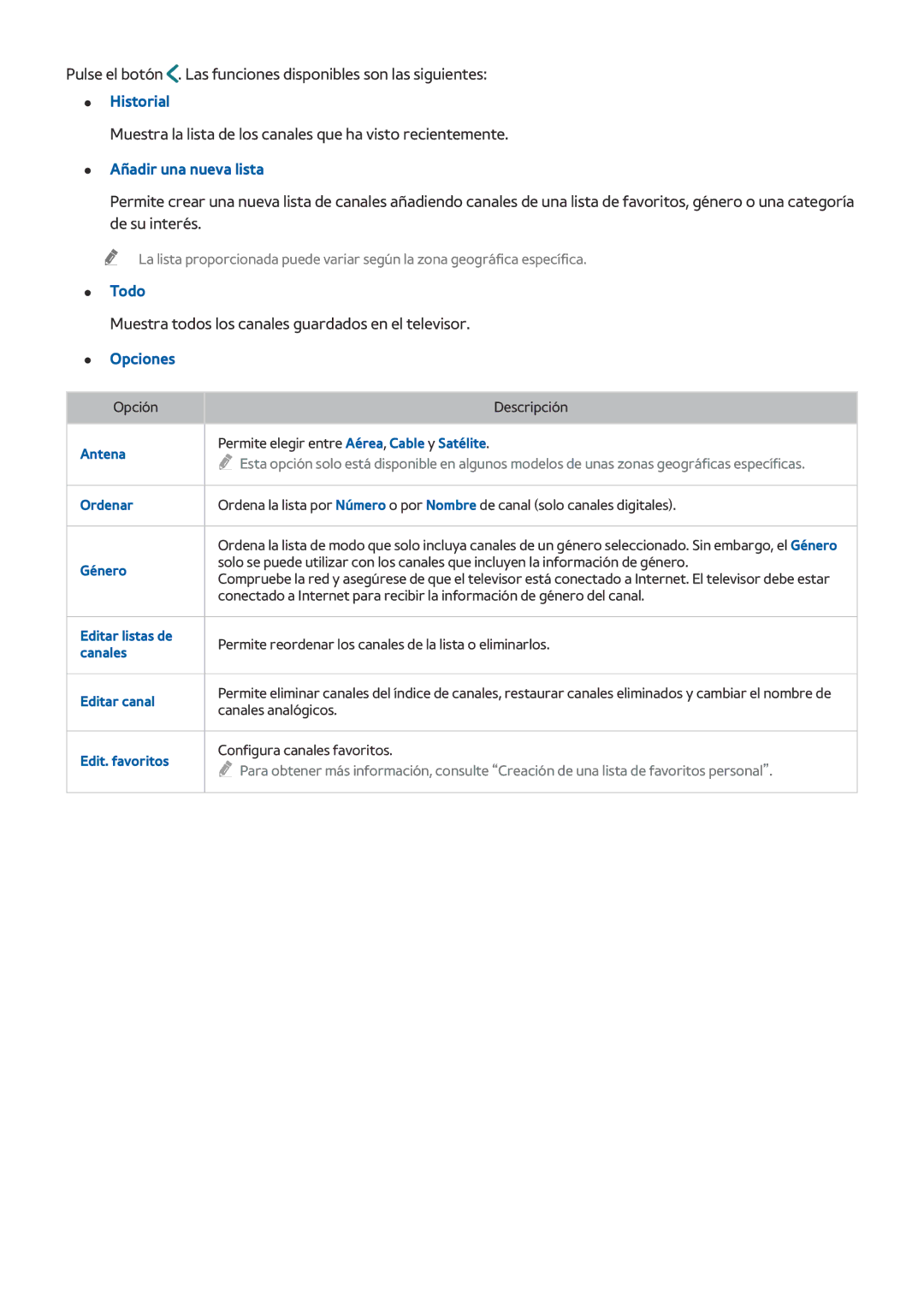 Samsung UE40LS001AUXXC Historial, Muestra la lista de los canales que ha visto recientemente, Añadir una nueva lista, Todo 