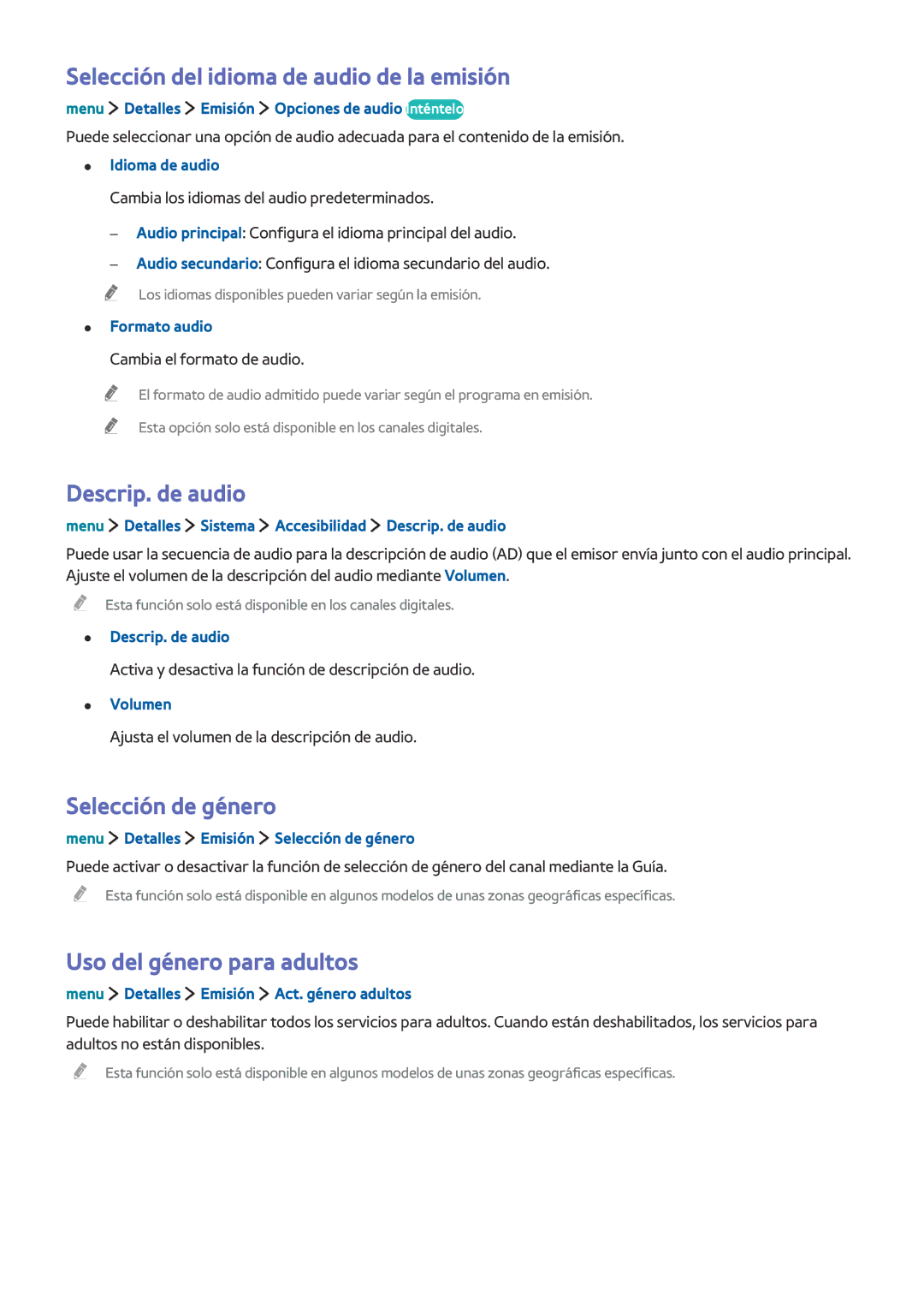 Samsung UE24LS001BUXXC, UE32LS001CUXXC Selección del idioma de audio de la emisión, Descrip. de audio, Selección de género 