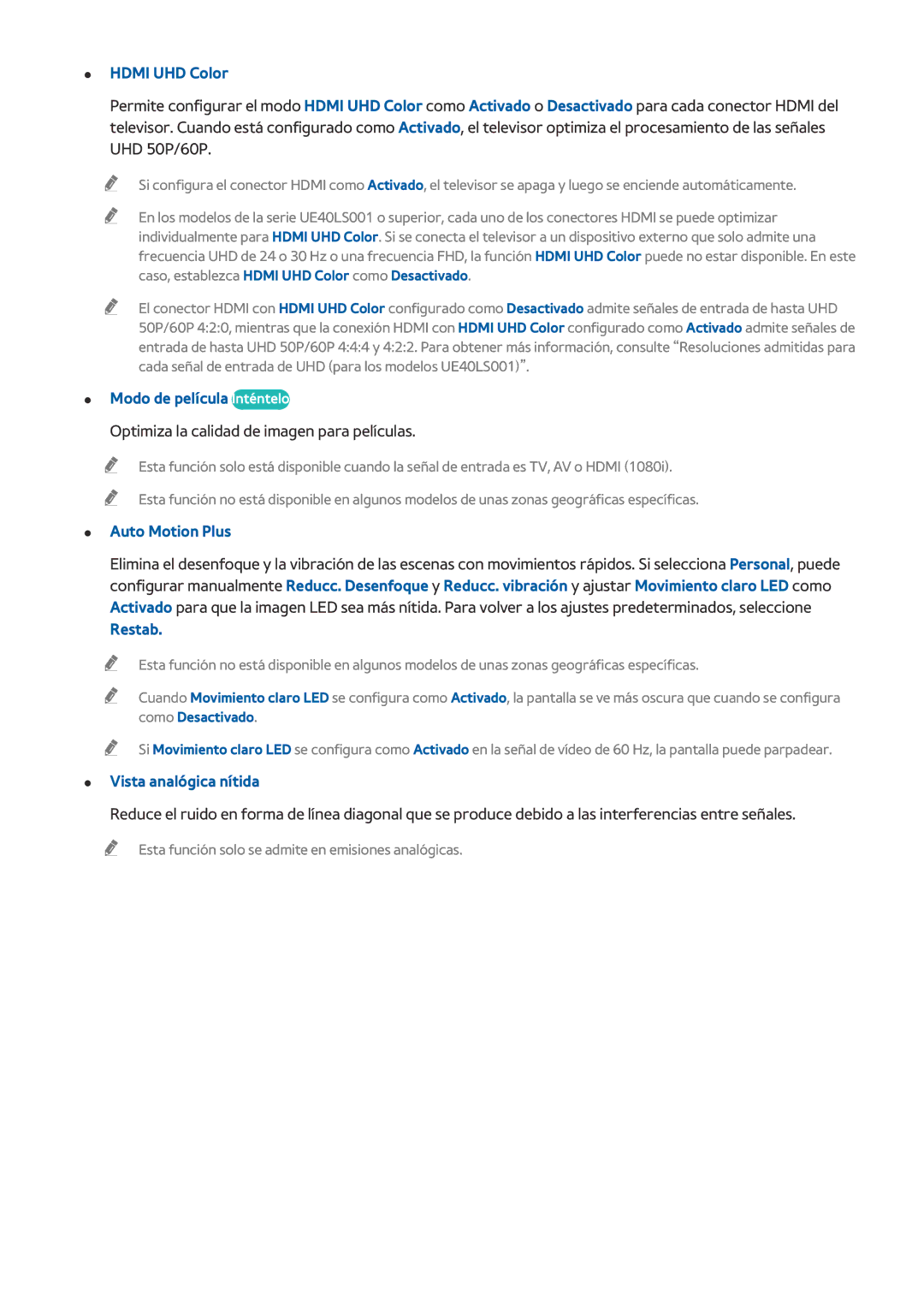 Samsung UE24LS001BUXXC manual Hdmi UHD Color, Modo de película Inténtelo, Auto Motion Plus, Restab, Vista analógica nítida 