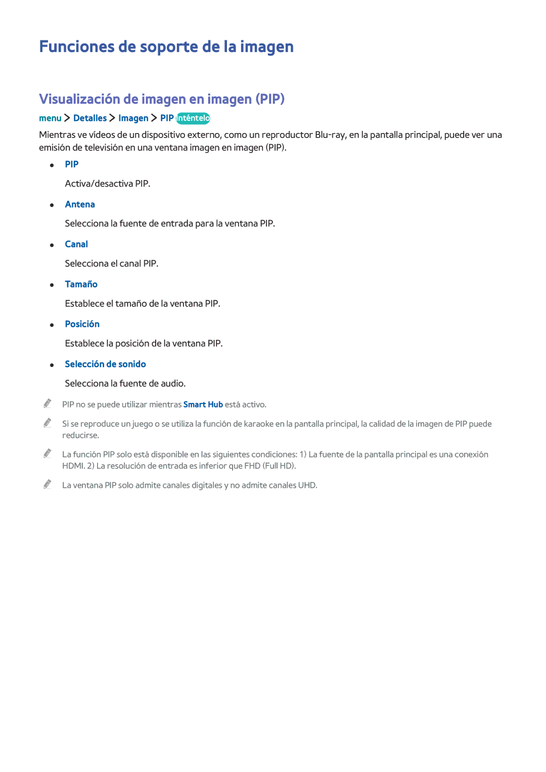 Samsung UE32LS001CUXXC, UE32LS001AUXXC manual Funciones de soporte de la imagen, Visualización de imagen en imagen PIP 