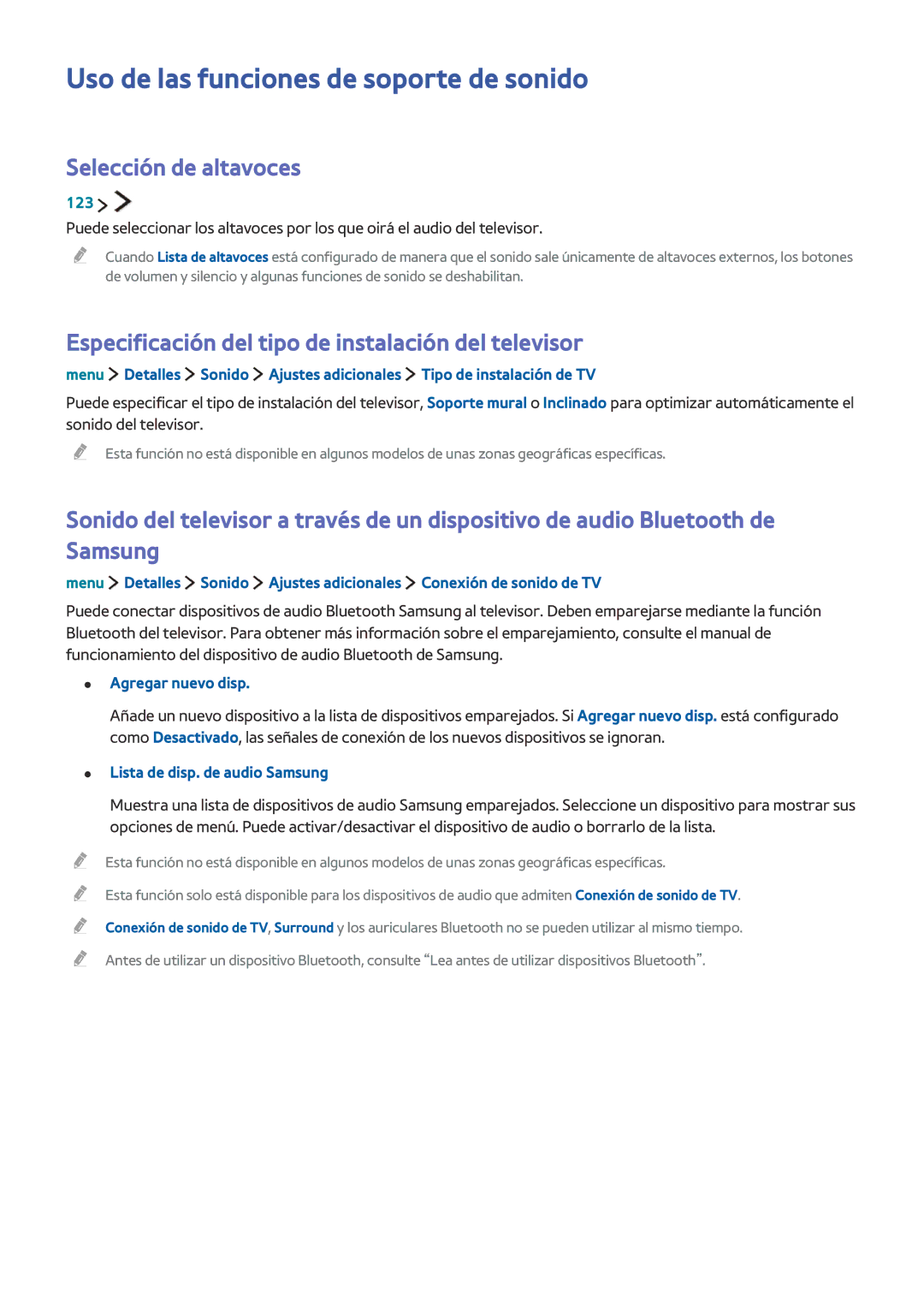 Samsung UE40LS001CUXXC manual Uso de las funciones de soporte de sonido, Selección de altavoces, Agregar nuevo disp 