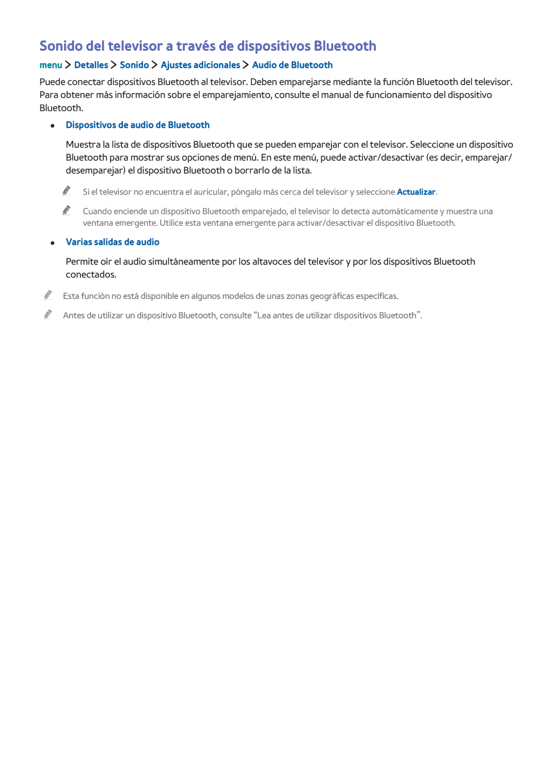 Samsung UE40LS001AUXXC manual Sonido del televisor a través de dispositivos Bluetooth, Dispositivos de audio de Bluetooth 