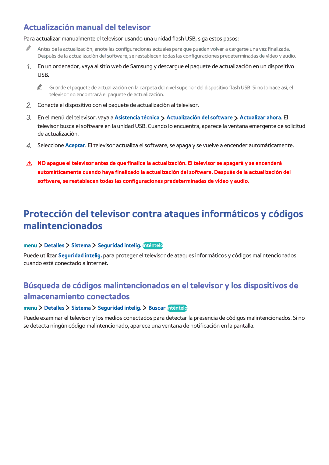 Samsung UE32LS001AUXXC Actualización manual del televisor, Menu Detalles Sistema Seguridad intelig. Inténtelo 