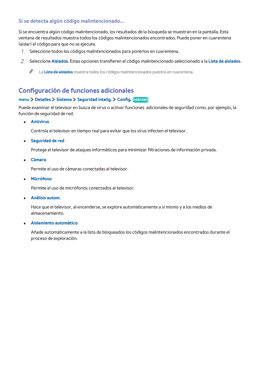 Samsung UE32LS001FUXXC, UE32LS001CUXXC Configuración de funciones adicionales, Si se detecta algún código malintencionado 