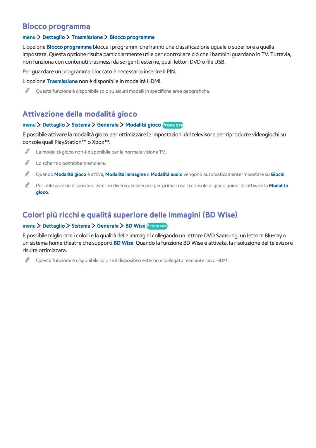 Samsung UE24LS001AUXZT, UE32LS001CUXZT Attivazione della modalità gioco, Menu Dettaglio Trasmissione Blocco programma 