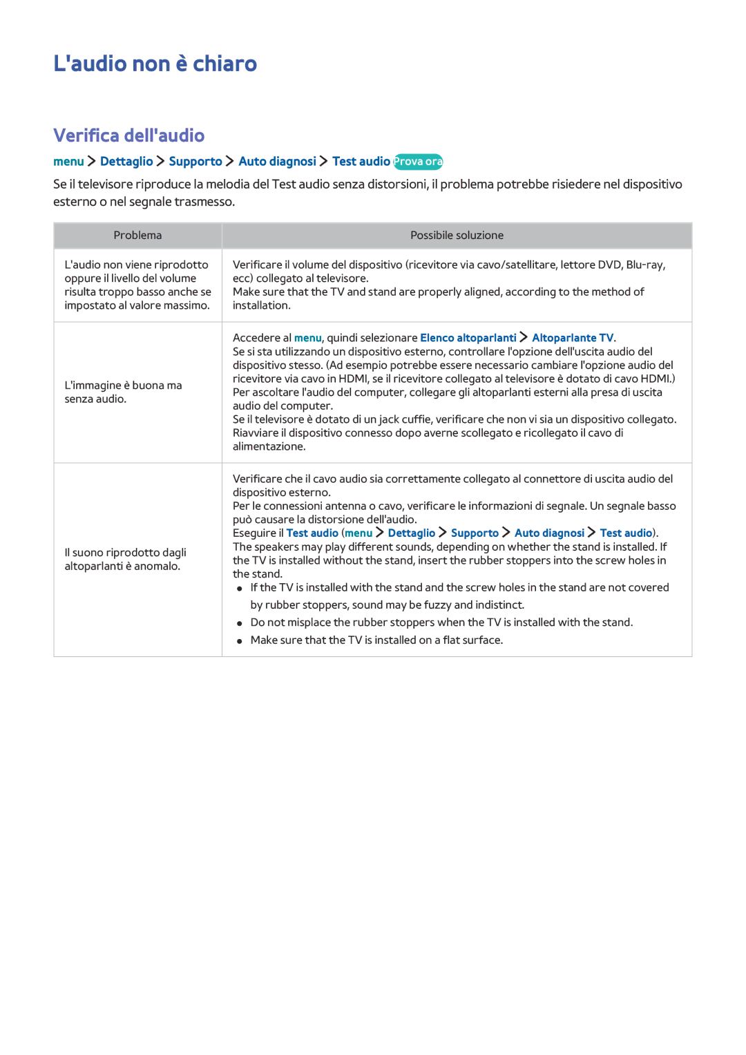 Samsung UE40LS001AUXZT Laudio non è chiaro, Verifica dellaudio, Menu Dettaglio Supporto Auto diagnosi Test audio Prova ora 