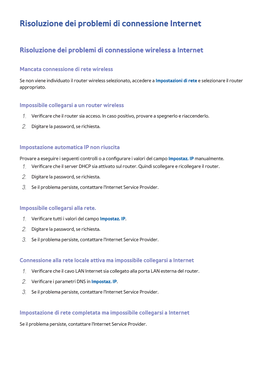 Samsung UE32LS001DUXZT, UE32LS001CUXZT, UE40LS001AUXZT, UE24LS001BUXZT manual Risoluzione dei problemi di connessione Internet 