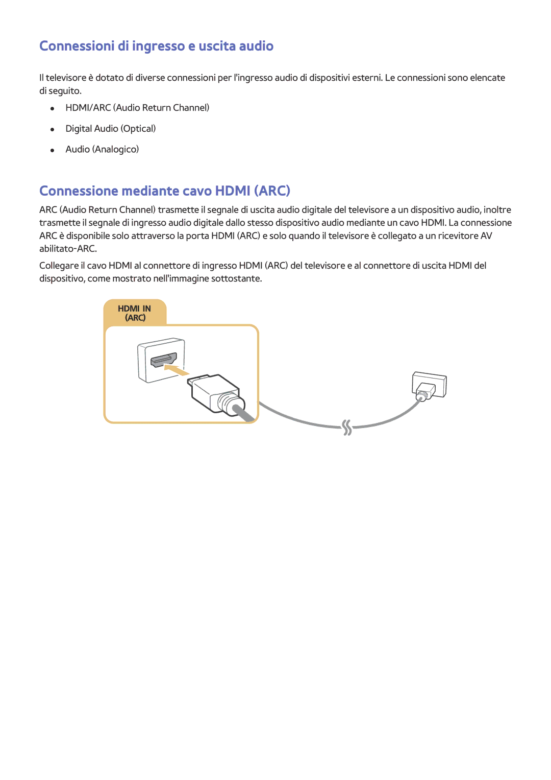 Samsung UE32LS001CUXZT, UE40LS001AUXZT manual Connessioni di ingresso e uscita audio, Connessione mediante cavo Hdmi ARC 