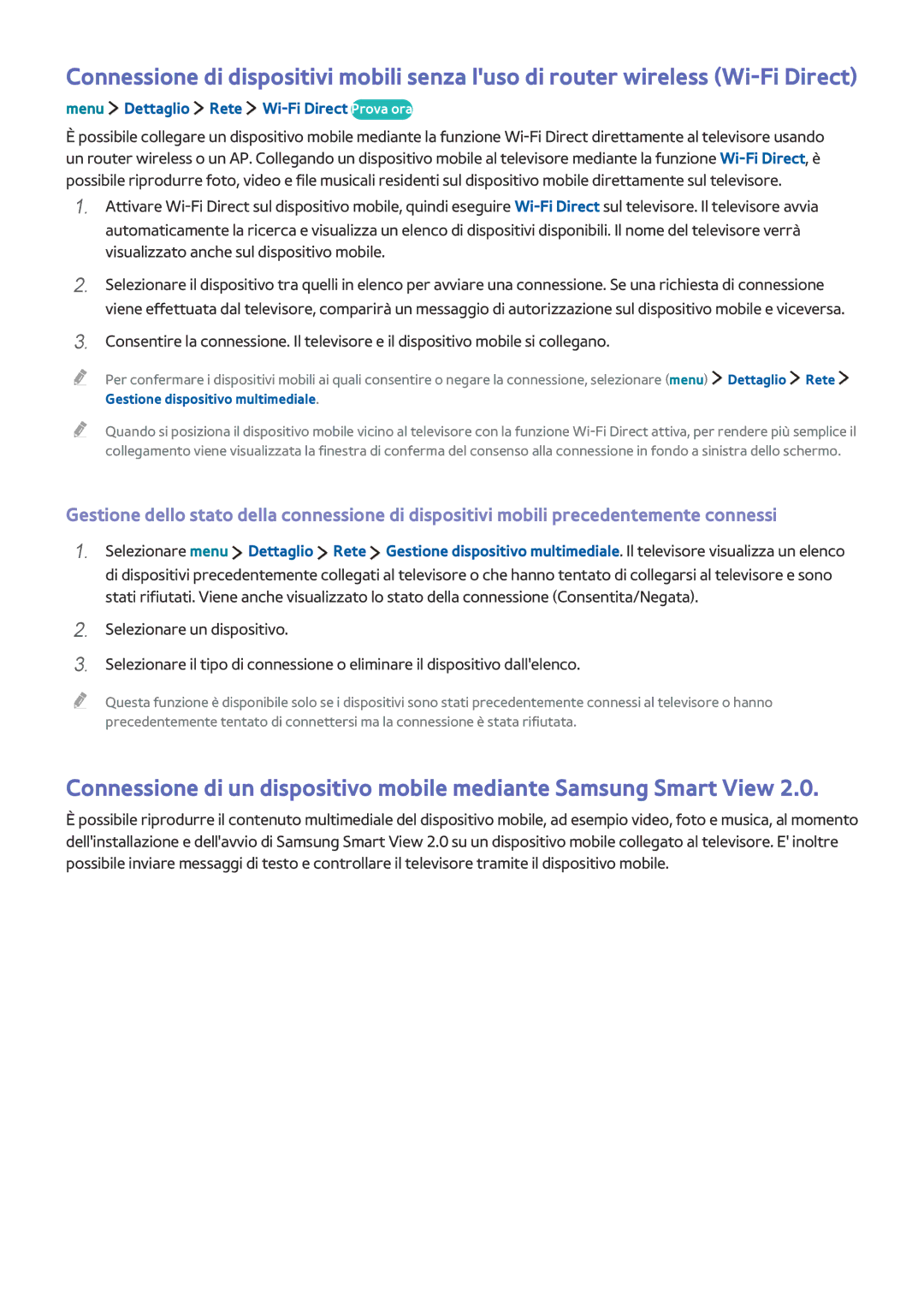 Samsung UE24LS001AUXZT, UE32LS001CUXZT, UE40LS001AUXZT, UE24LS001BUXZT manual Menu Dettaglio Rete Wi-Fi Direct Prova ora 