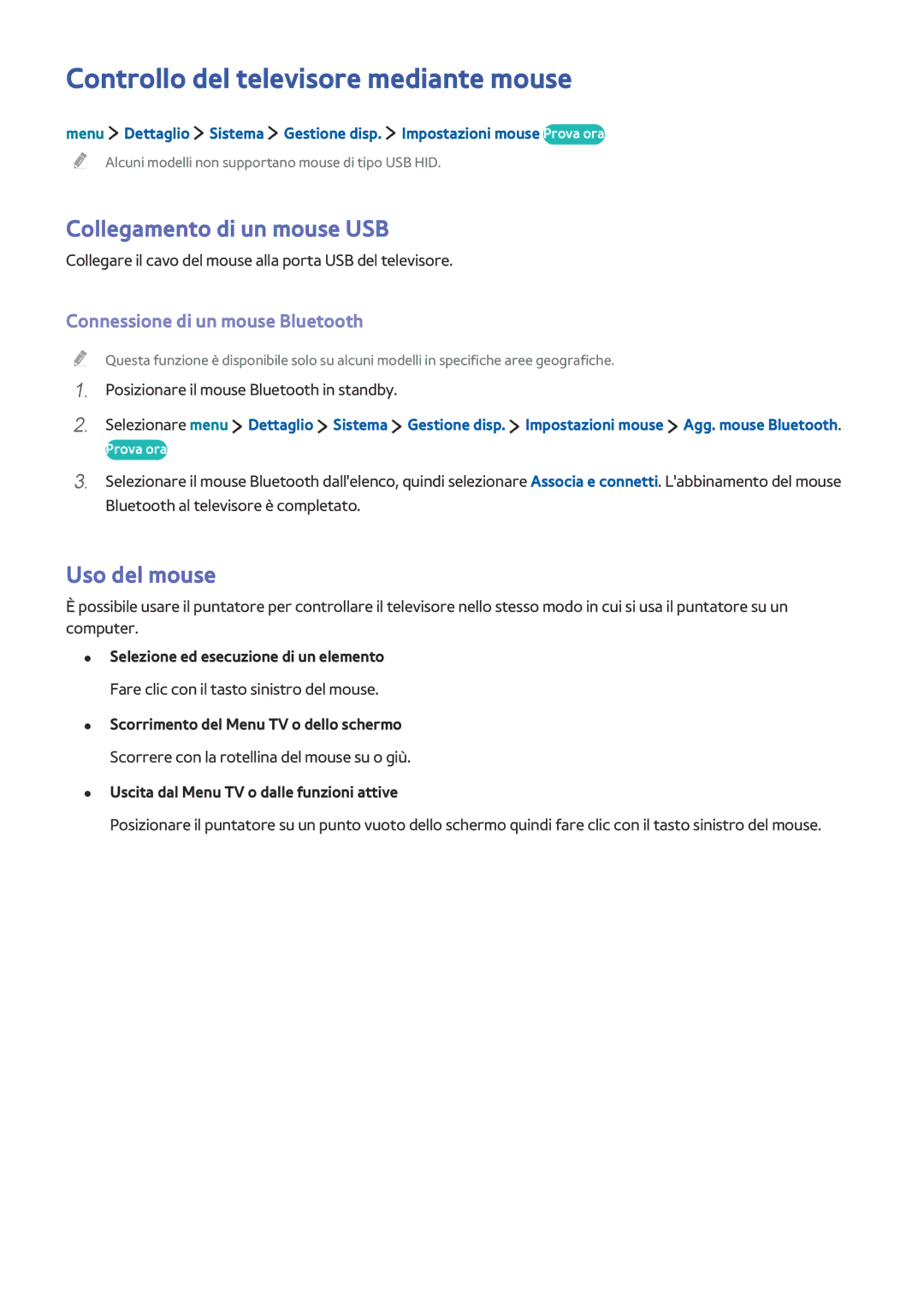 Samsung UE40LS001AUXZT manual Controllo del televisore mediante mouse, Collegamento di un mouse USB, Uso del mouse 