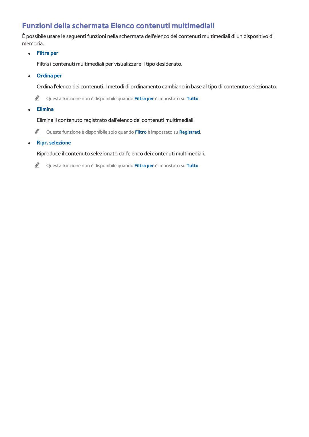 Samsung UE32LS001AUXZT manual Funzioni della schermata Elenco contenuti multimediali, Filtra per, Ordina per, Elimina 