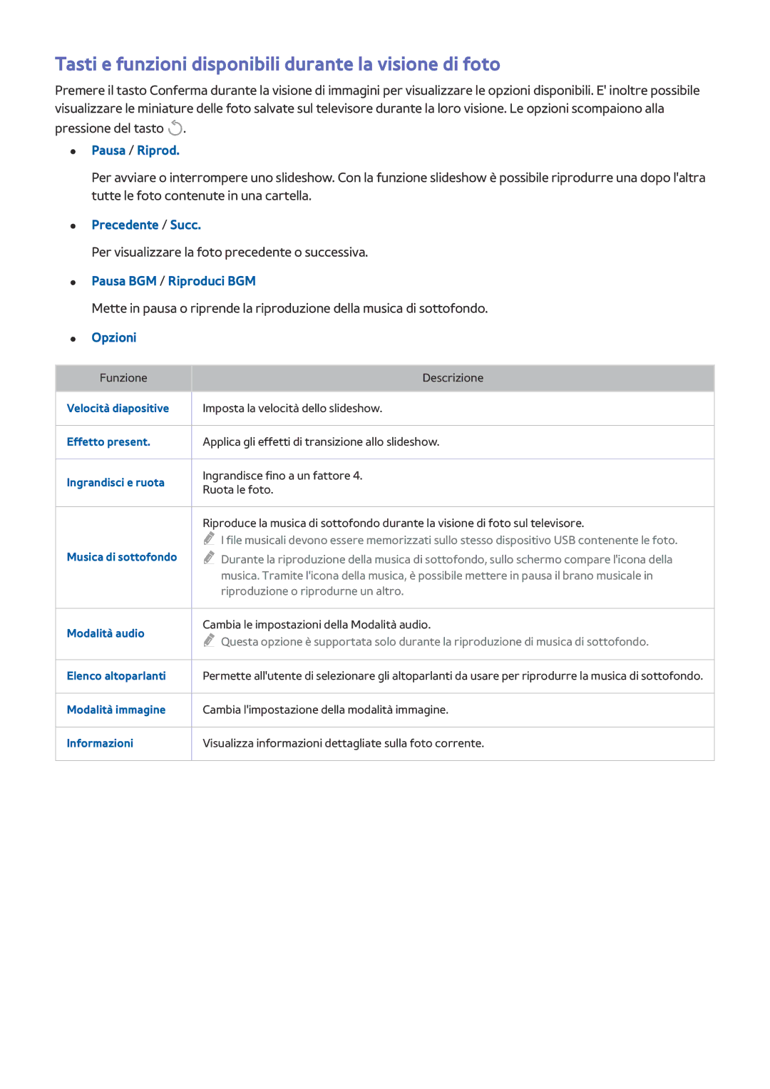 Samsung UE32LS001CUXZT manual Tasti e funzioni disponibili durante la visione di foto, Pausa / Riprod, Precedente / Succ 