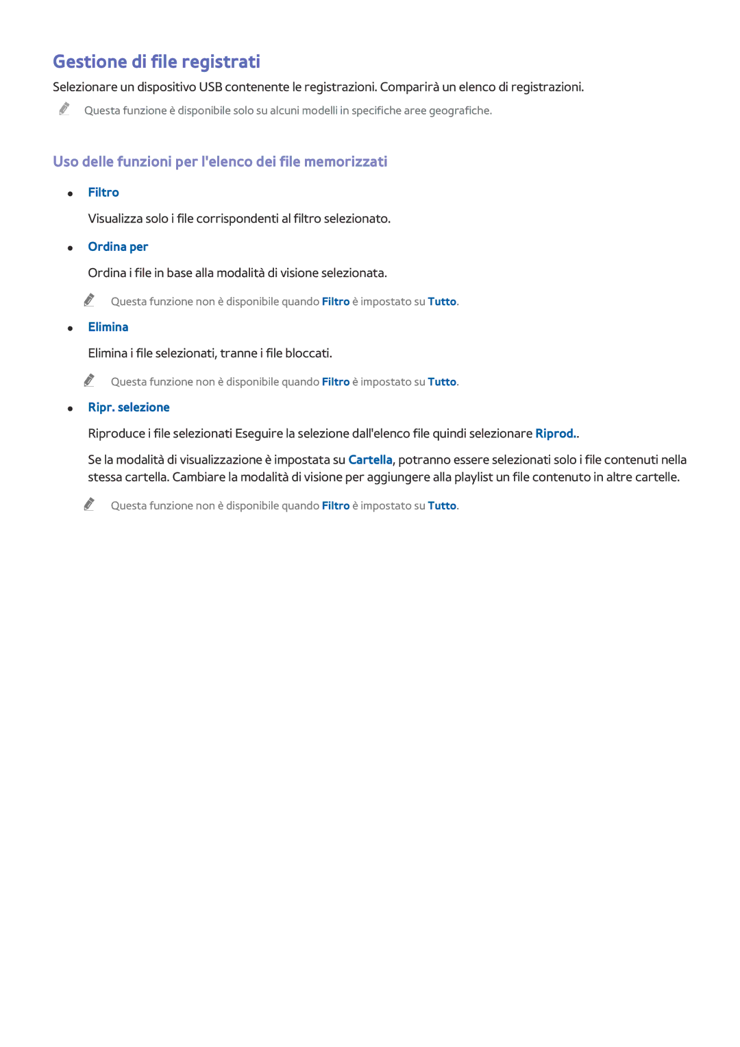 Samsung UE24LS001BUXZT manual Gestione di file registrati, Uso delle funzioni per lelenco dei file memorizzati, Filtro 