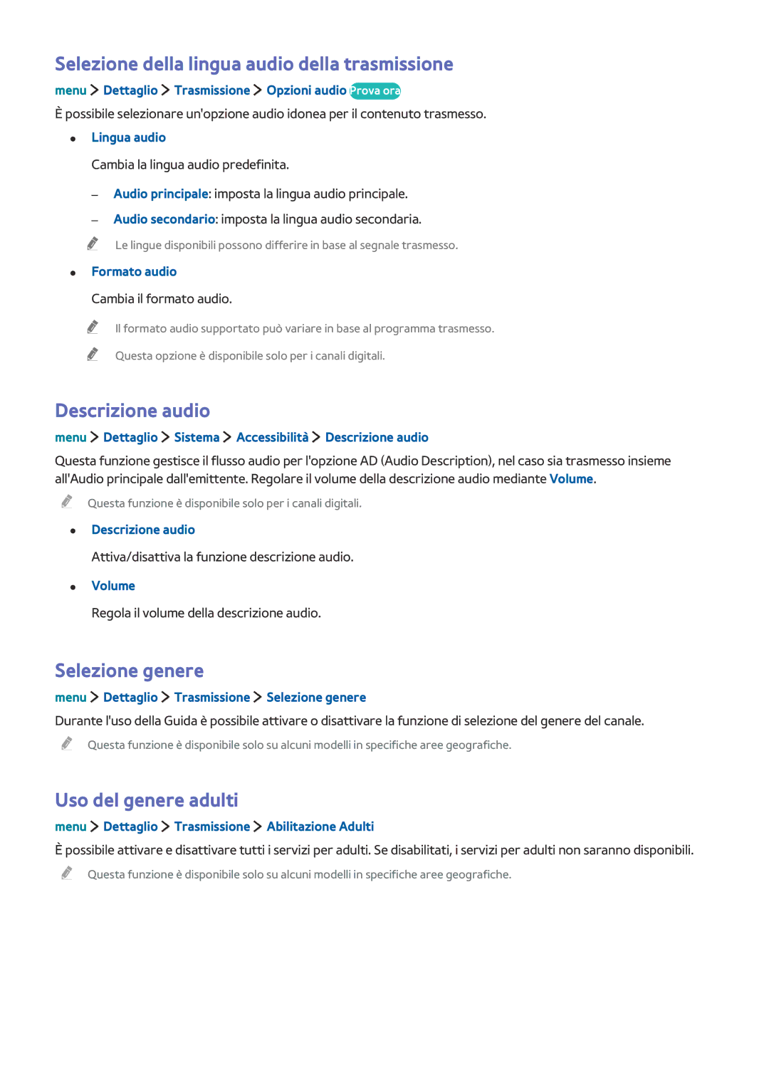 Samsung UE32LS001AUXZT manual Selezione della lingua audio della trasmissione, Descrizione audio, Selezione genere 