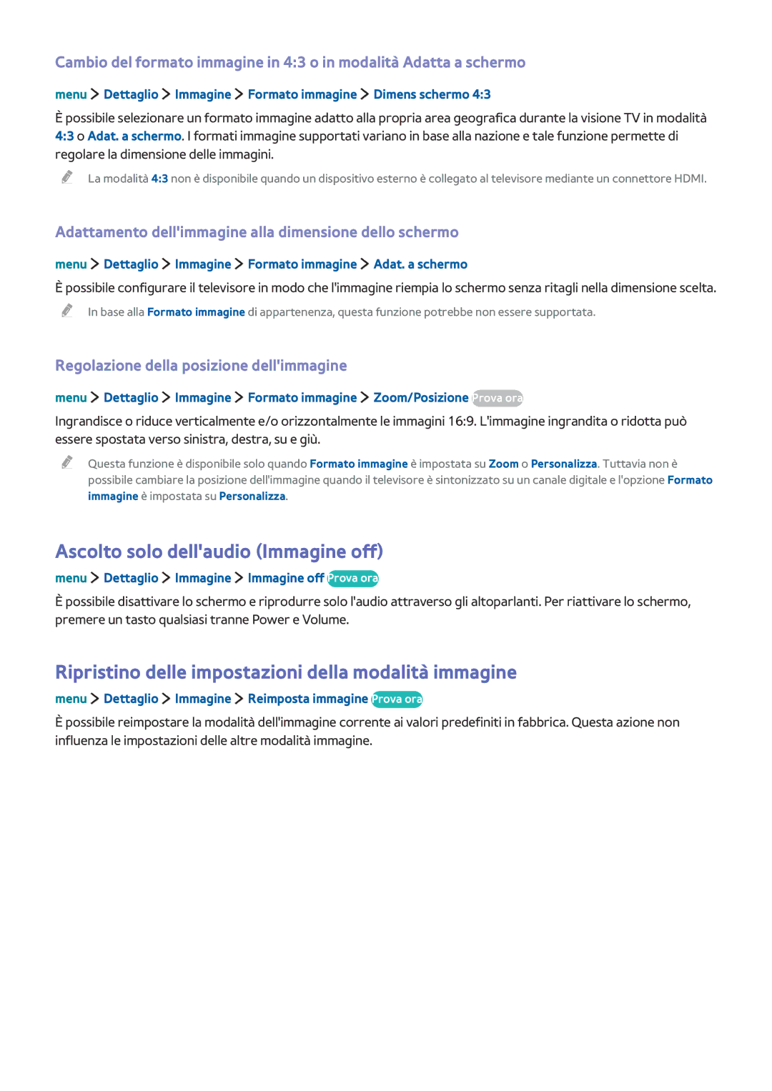 Samsung UE24LS001BUXZT manual Ascolto solo dellaudio Immagine off, Ripristino delle impostazioni della modalità immagine 