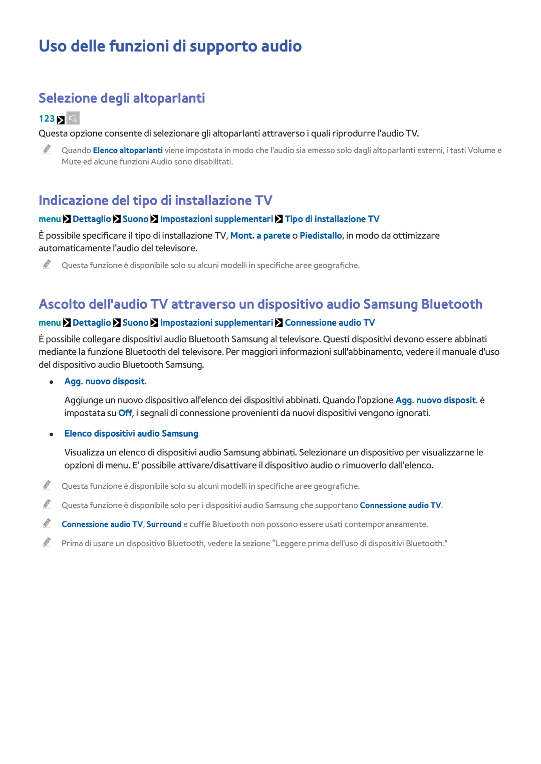 Samsung UE24LS001AUXZT manual Uso delle funzioni di supporto audio, Selezione degli altoparlanti, Agg. nuovo disposit 