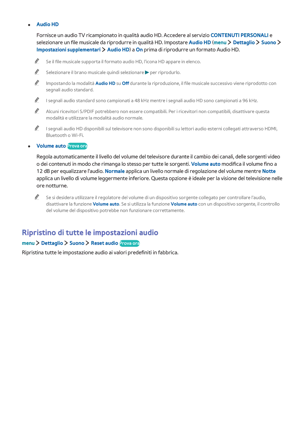 Samsung UE32LS001CUXZT, UE40LS001AUXZT manual Ripristino di tutte le impostazioni audio, Audio HD, Volume auto Prova ora 