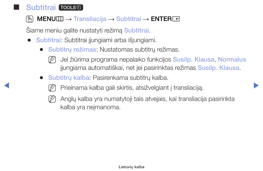 Samsung UE32M4002AKXXH manual Subtitrai t, OO MENUm → Transliacija → Subtitrai → Entere 